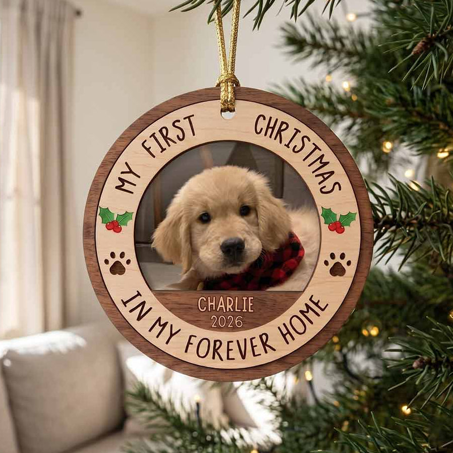 Dog First Christmas Forever Home Puppy Keepsake Personalized Custom Name Date Dog  1-Layer Wooden Christmas Ornament for Dog Lovers Gift