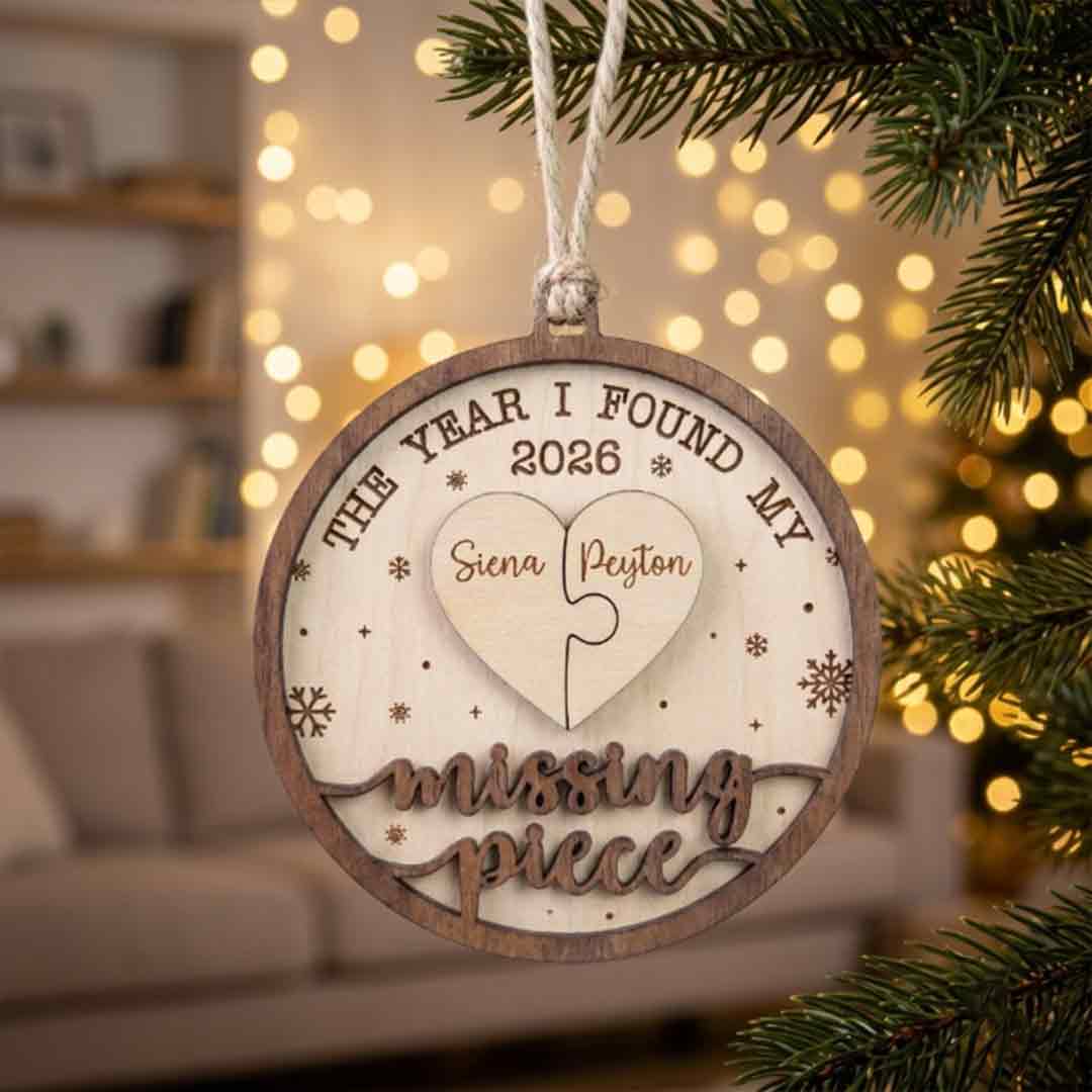 Missing Piece Puzzle Heart Personalized Custom Name Date Couple 2-Layer Wooden Christmas Ornament for Couples Gift