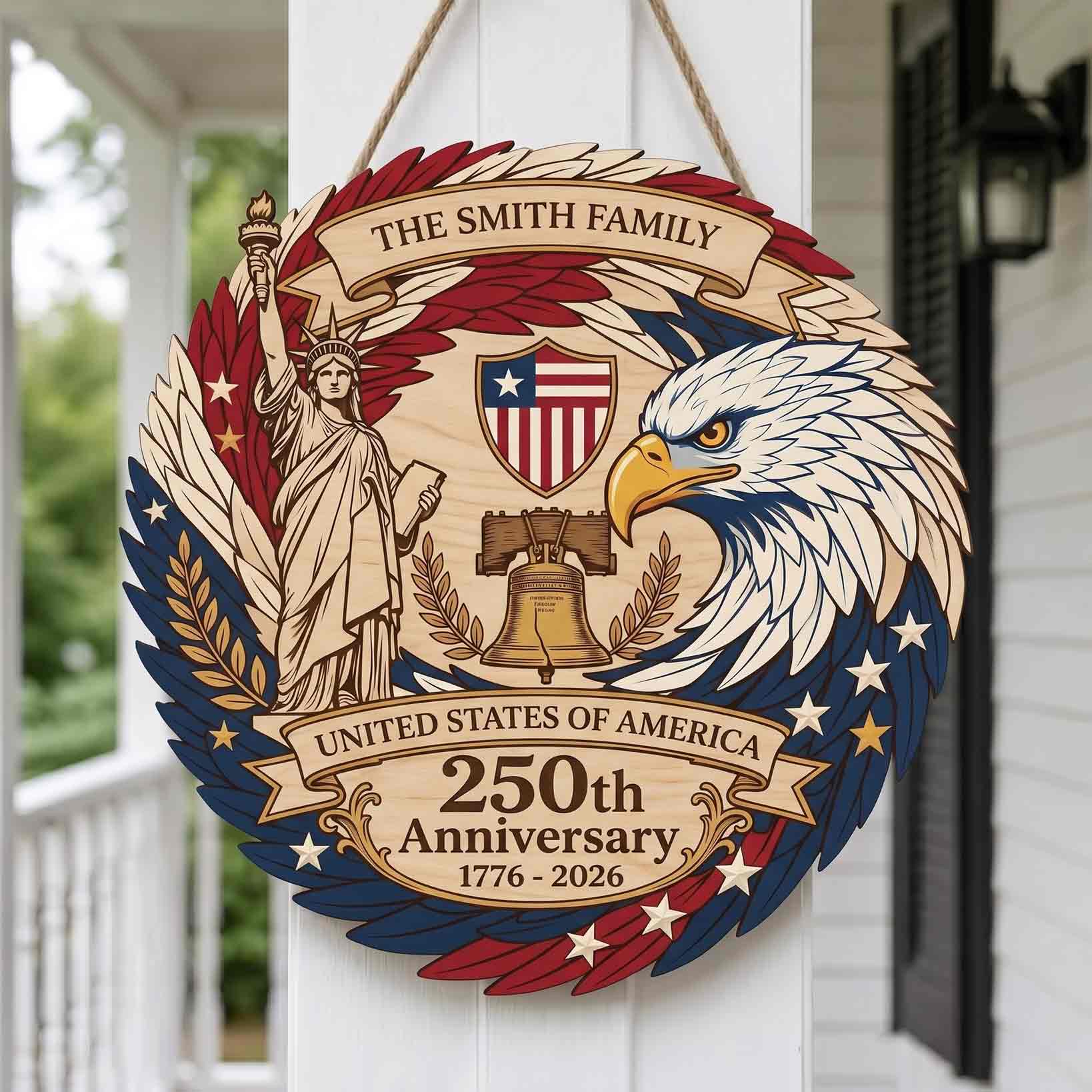 Personalized America 250th Anniversary Wooden Sign With Family Name Eagle and Liberty Decor