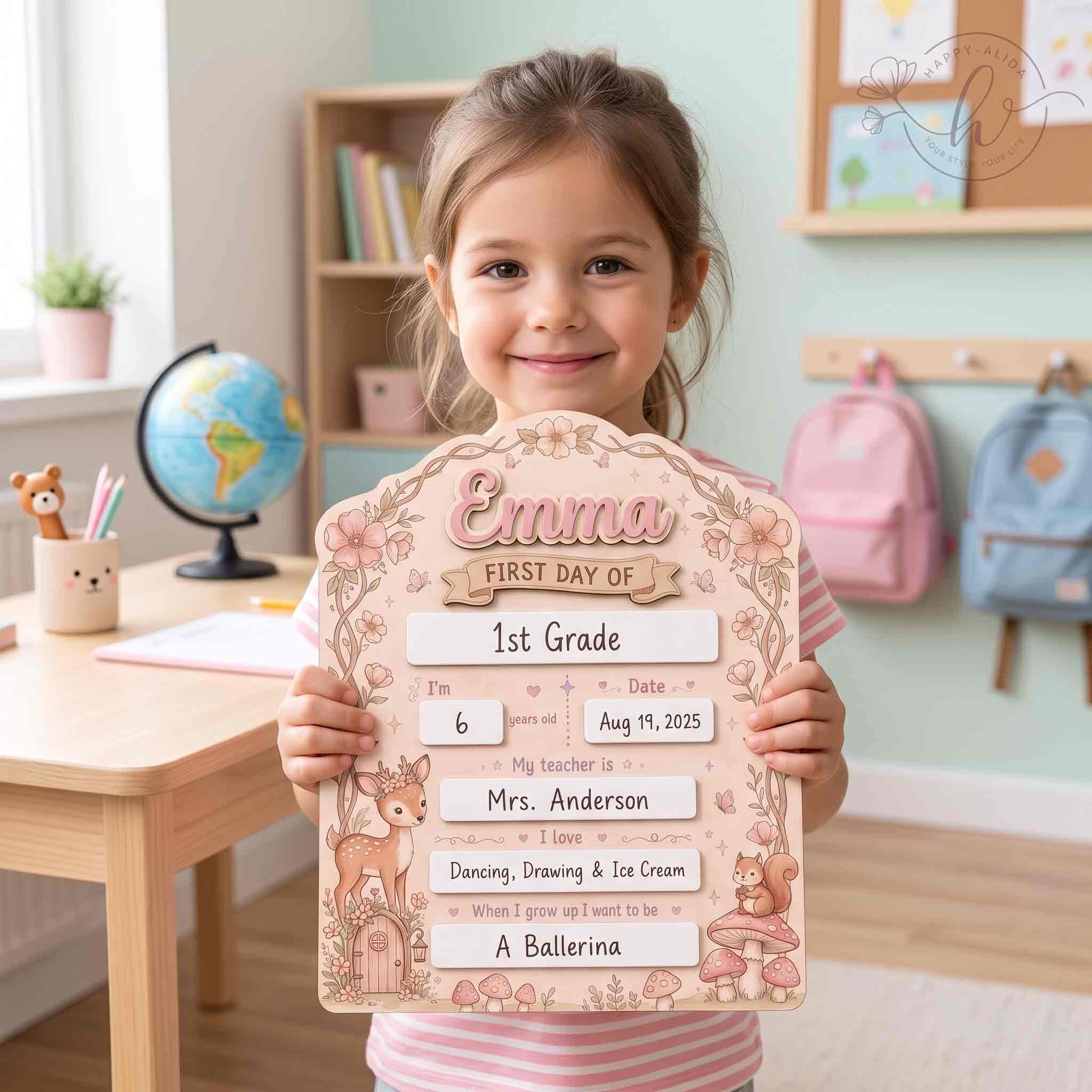Personalized Coquette Woodland First Day School Board, Reusable Dry Erase Board, Back to School Sign