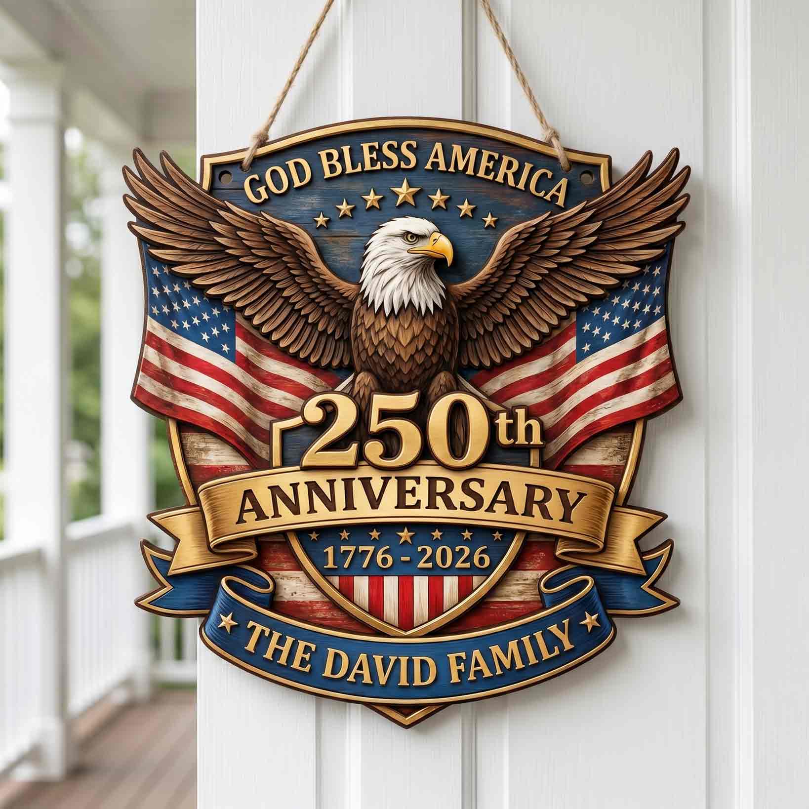 Personalized America 250th Anniversary Wooden Sign With Family Name God Bless America Eagle Decor
