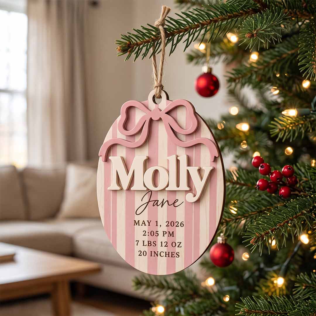 Pink Bow Birth Announcement Personalized Custom Name Date Time Weight Length Newborn 2-Layer Wooden Christmas Ornament Newborn Gift for New Parents