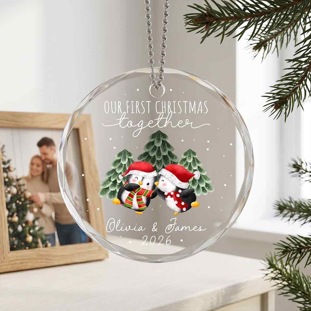 Our First Christmas Cute Penguin Couple Personalized Custom Name Date Couple Round Glass Christmas Ornament for Couples Gift