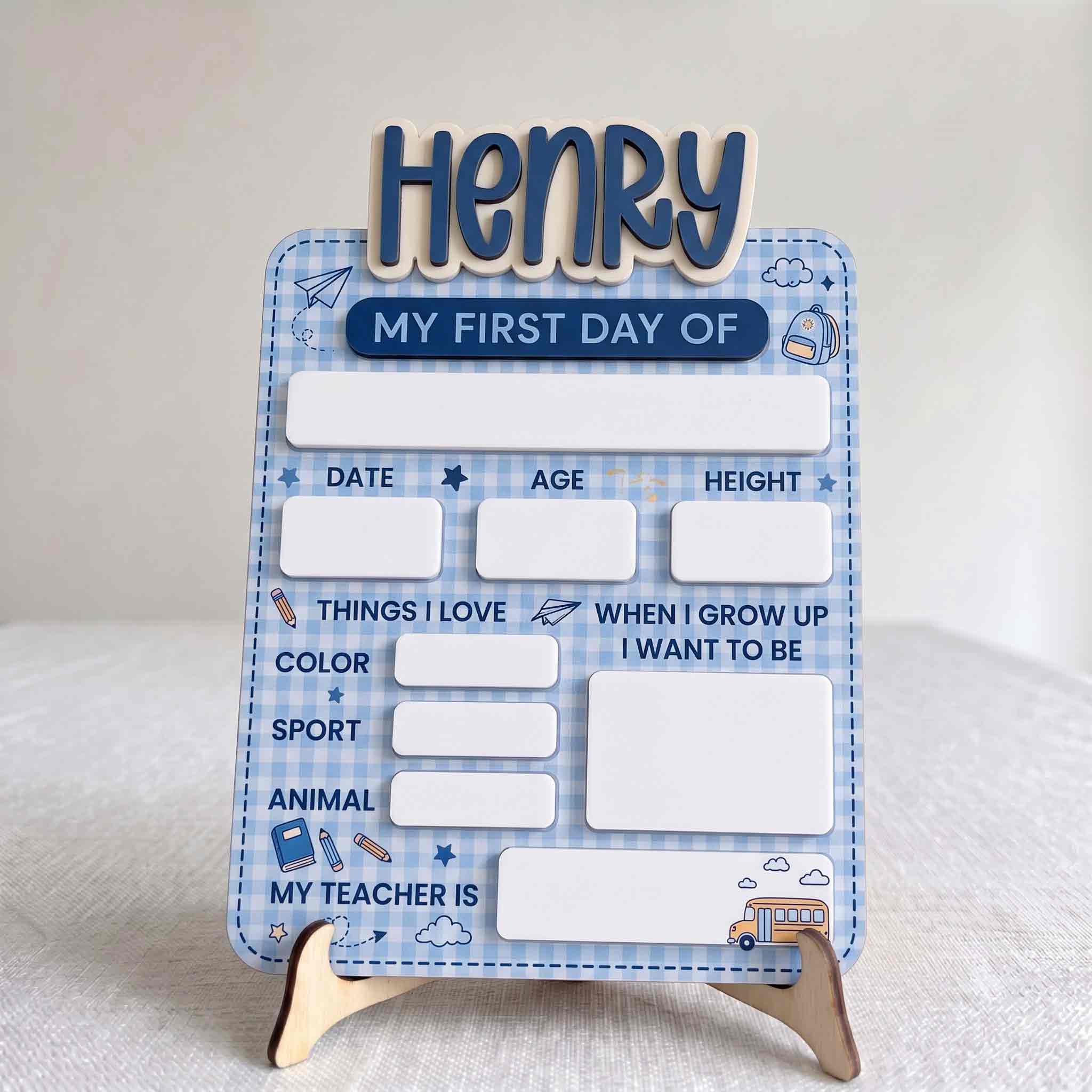 Personalized Blue School Doodles First & Last Day School Sign, Reusable Dry Erase Board, Back to School Sign