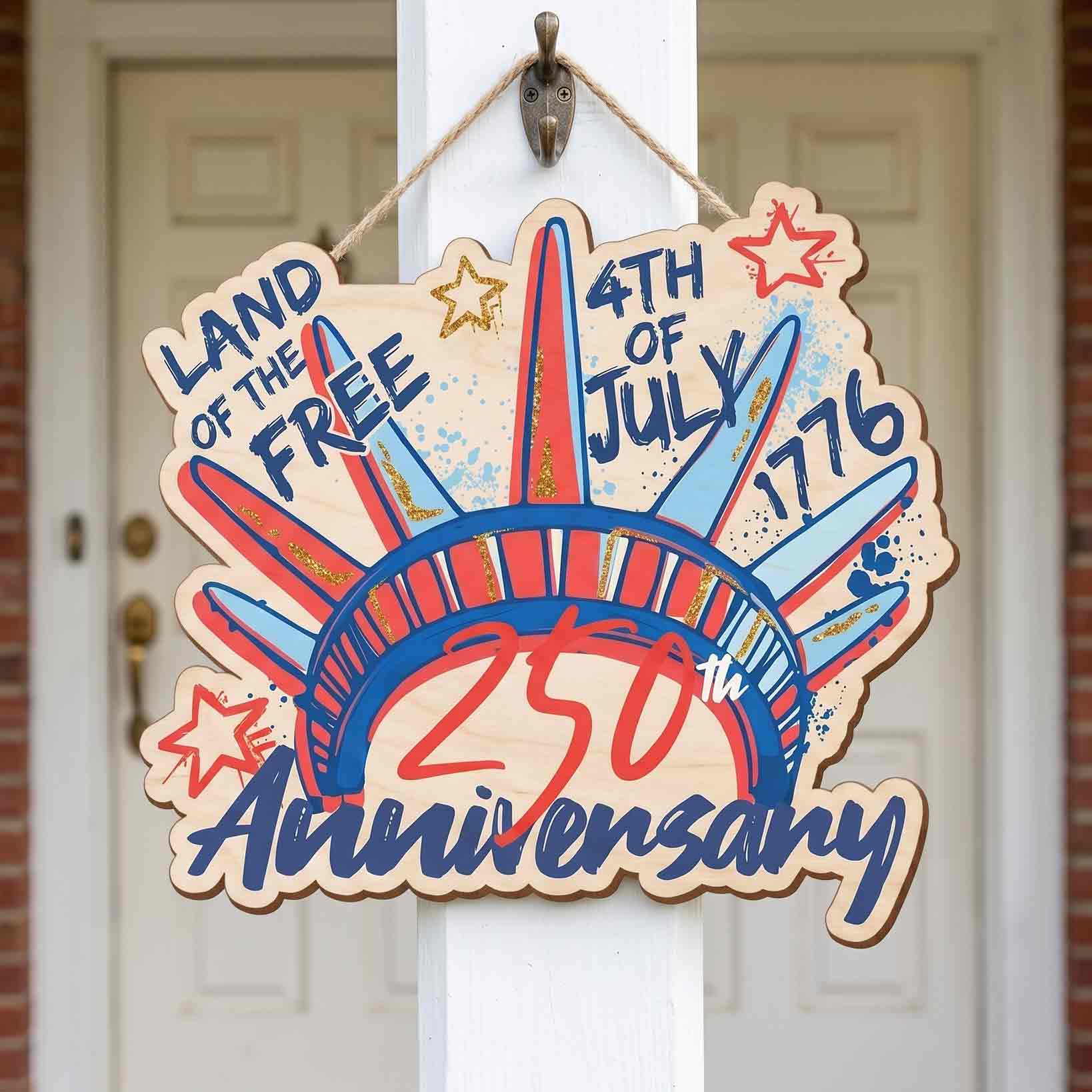 Land of the Free 4th of July 250th Anniversary 1776 Patriotic Wooden Sign