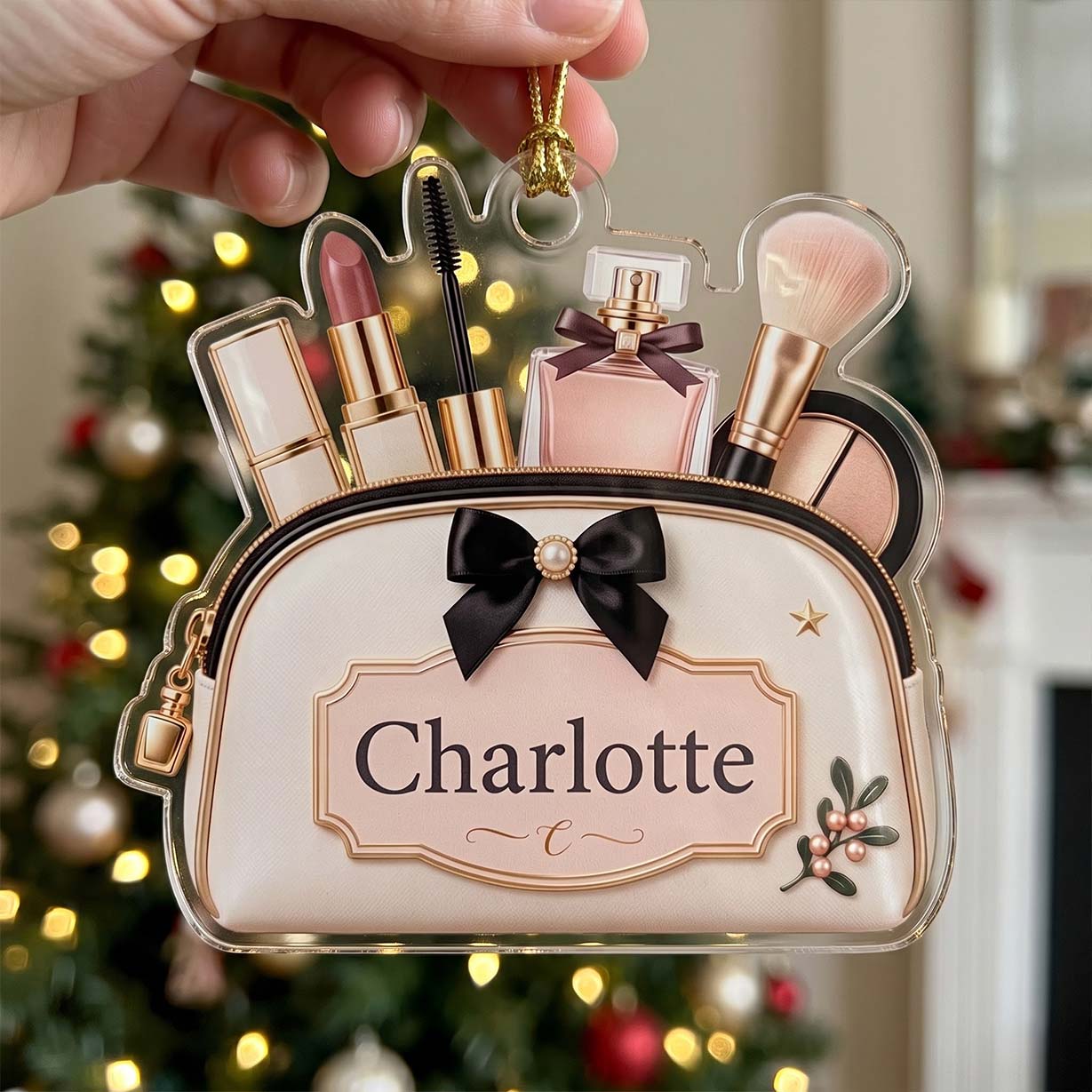 Cream Makeup Bag Lipstick Perfume Custom Name Acrylic Christmas Ornament Beauty Artist