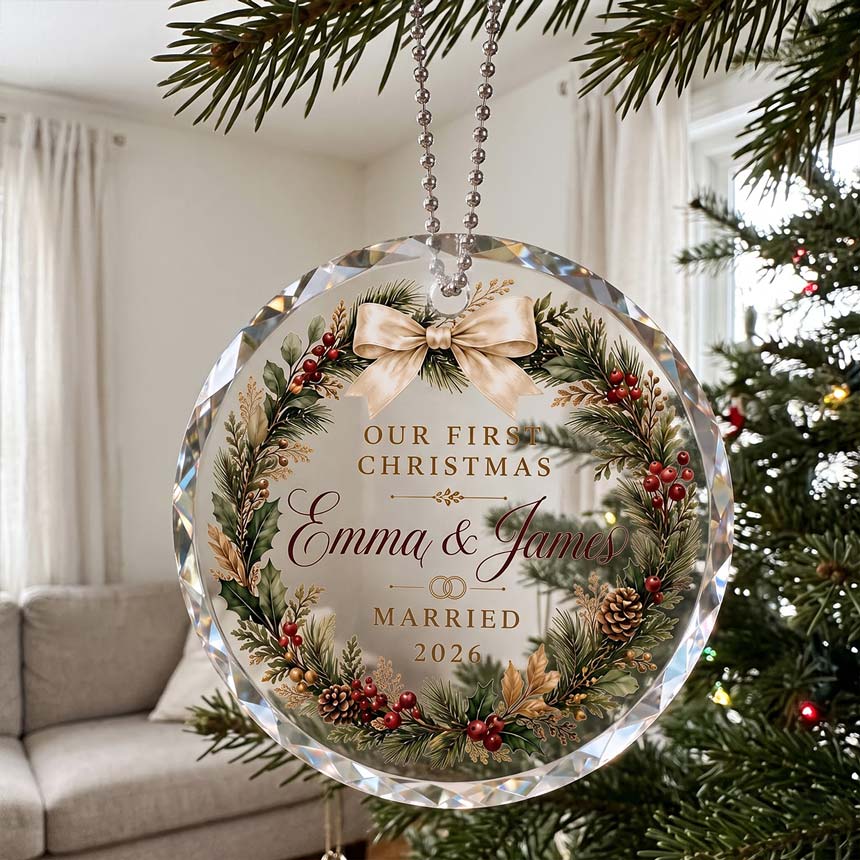 Our First Christmas Evergreen Wreath Custom Names Date First Married Christmas Round Glass Christmas Ornament