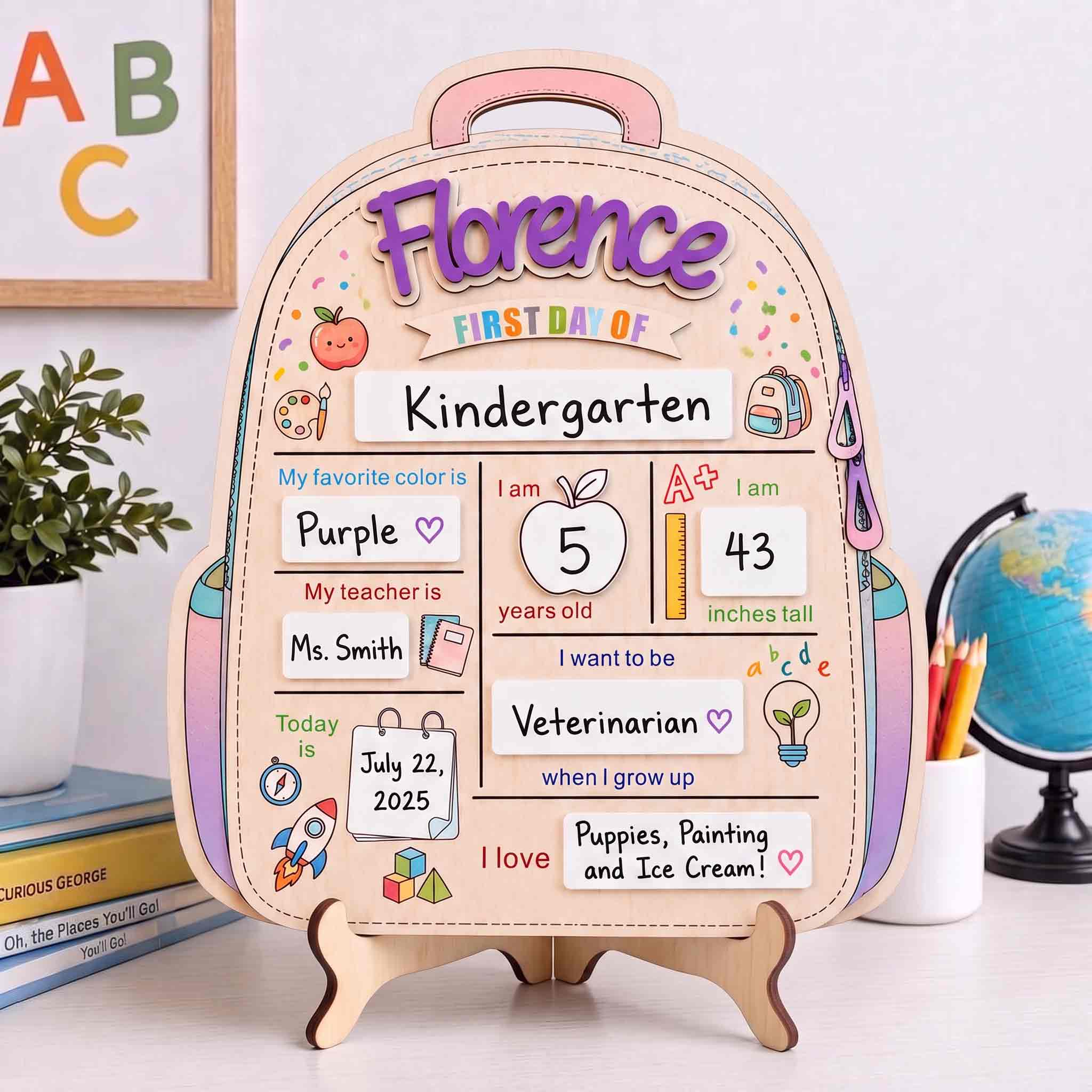 Personalized Purple Backpack First & Last Day School Sign, Reusable Dry Erase Board, Back to School Sign