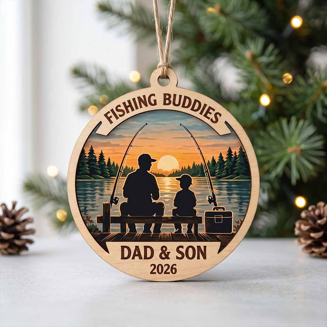 Fishing Buddies Dad and Son Personalized Custom Name Date Fishing 2-Layer Wooden Christmas Ornament Father Son Christmas Gift