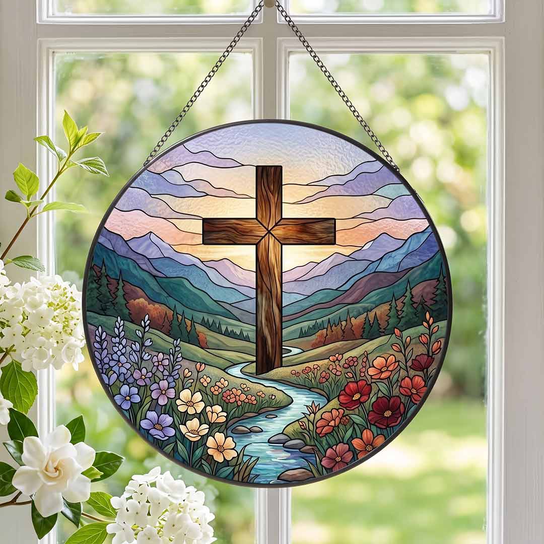 Mountain Cross Wildflower Landscape Faith Hope Spiritual Nativity Stained Glass Suncatcher Christmas Ornament