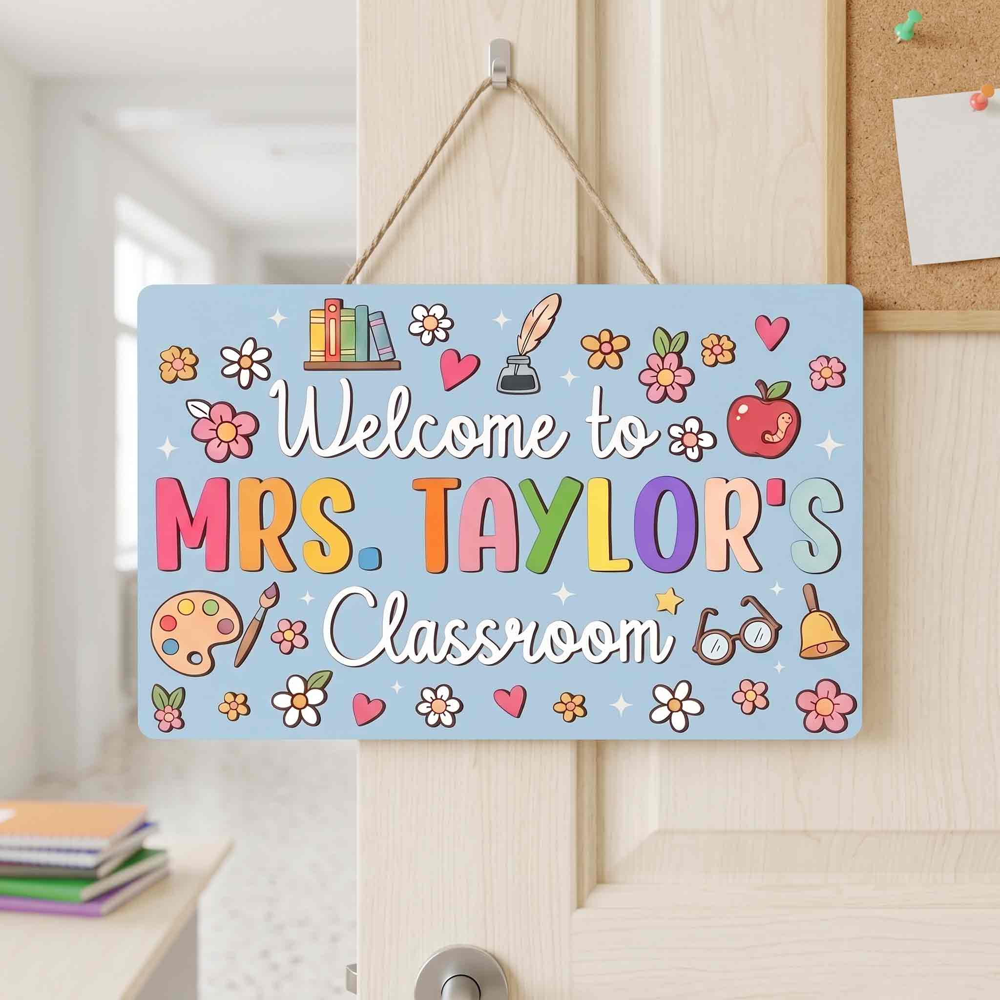 Personalized Pastel Blue Teacher Classroom Welcome Wooden Sign, Custom Teacher Name Door Hanger, Colorful School Supplies Classroom Decor