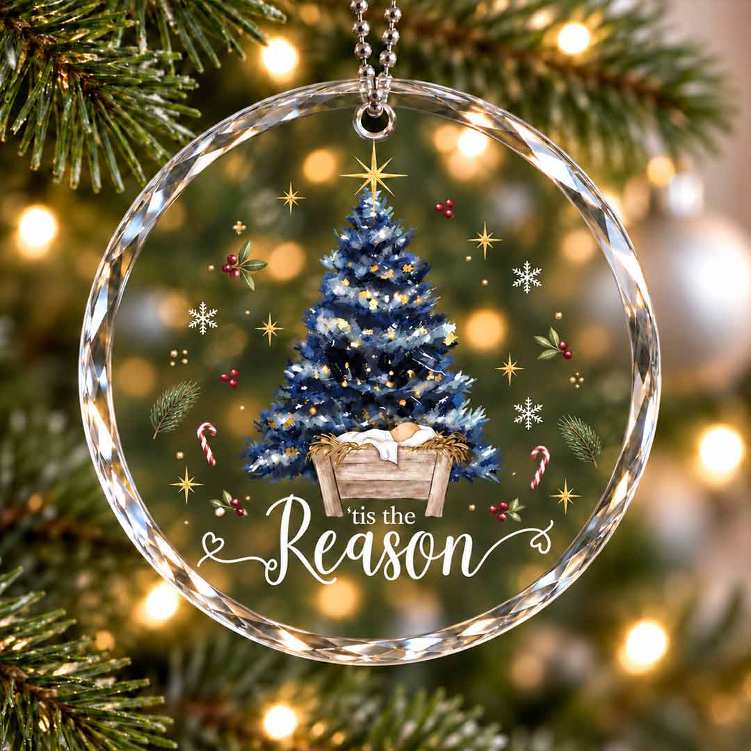 Tis The Reason Nativity Baby Manger Blue Christmas Tree Nativity Round Glass Christmas Ornament