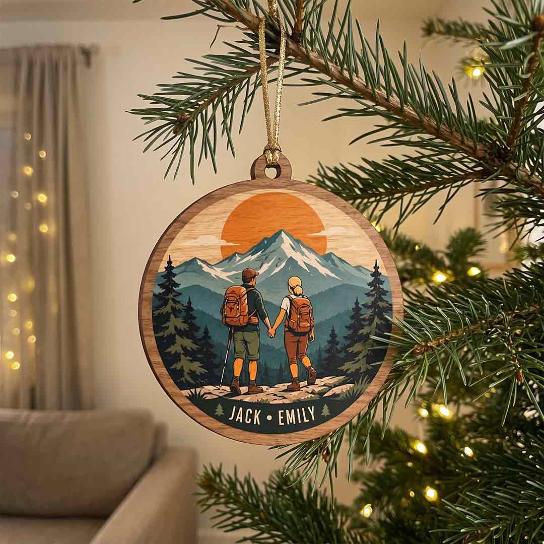 Hiking Couple Mountain Adventure Outdoor Keepsake Personalized Custom Name Adventure Couple 1-Layer Wooden Christmas Ornament for Hiking Partners Gift