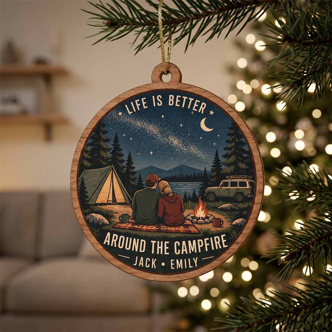 Life Is Better Around the Campfire Camping Adventure Keepsake Personalized Custom Name Campfire Couple 1-Layer Wooden Christmas Ornament for Outdoor Lovers
