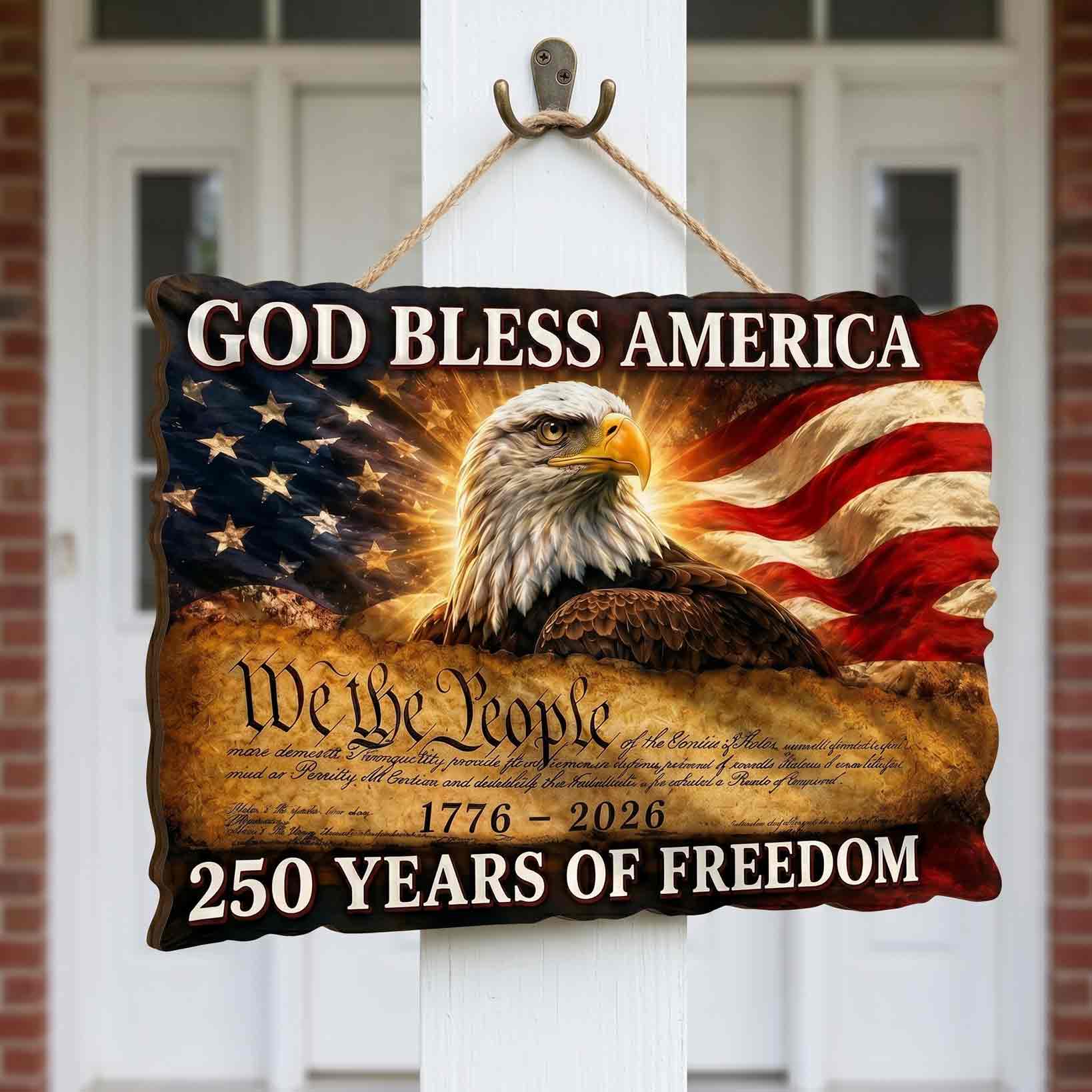 God Bless America 250 Years of Freedom Patriotic Eagle Flag Decor Wooden Sign