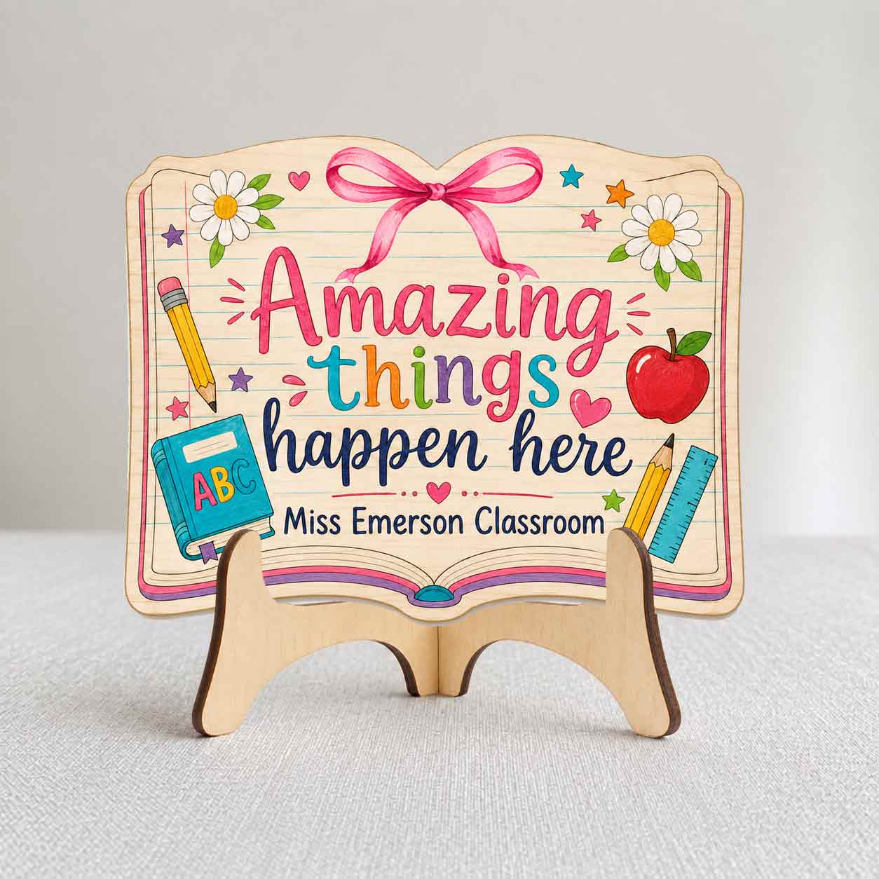 Personalized Teacher Name Wooden Sign Door Hanger Amazing Things Happen Here Wooden Classroom Decor, Back to School Sign