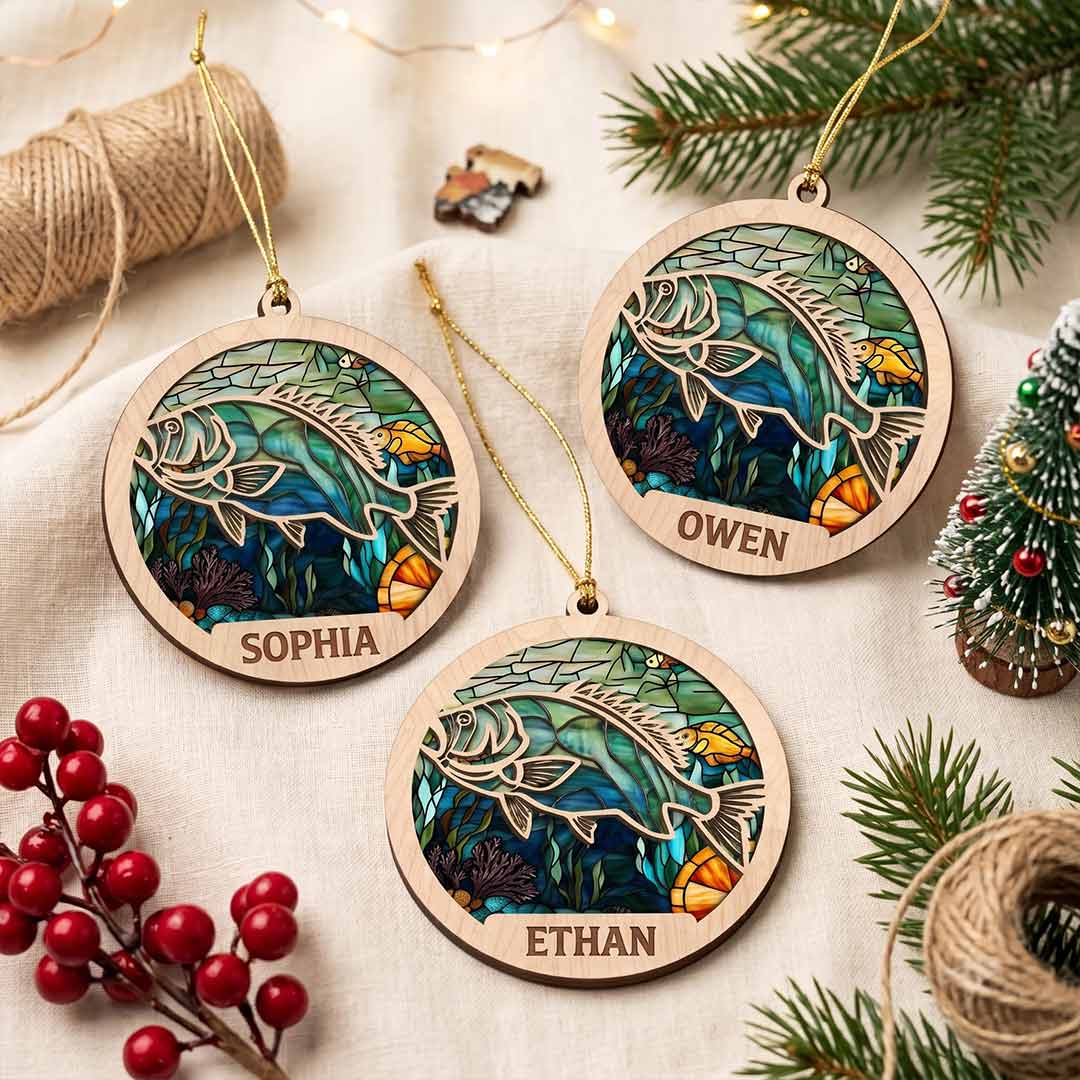 Fish Mosaic Art Personalized Custom Name Fishing 2-Layer Wooden Christmas Ornament Christmas Gift for Fishing Lover