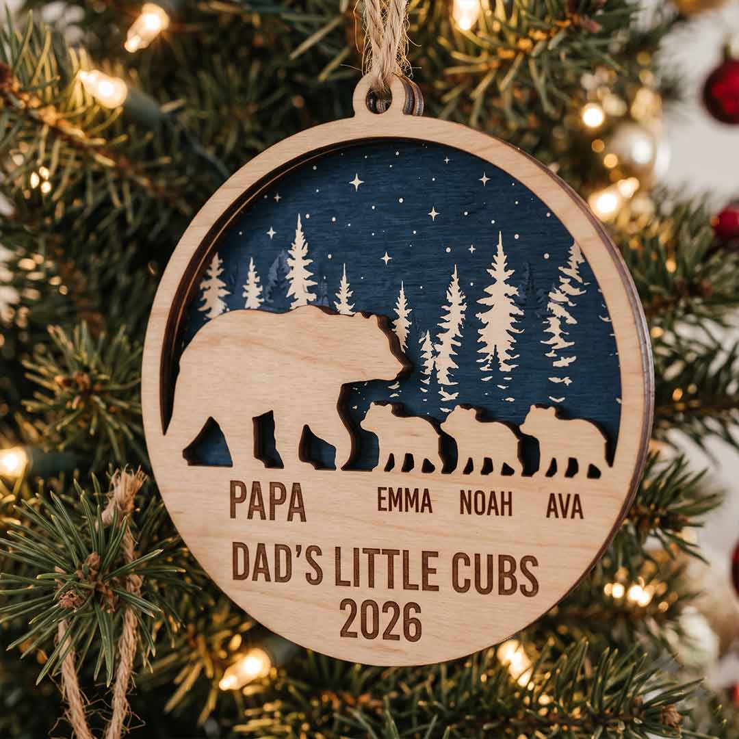 Dad's Little Cubs Bear Personalized Custom Name Date Family 2-Layer Wooden Christmas Ornament Father and Kids Christmas Gift