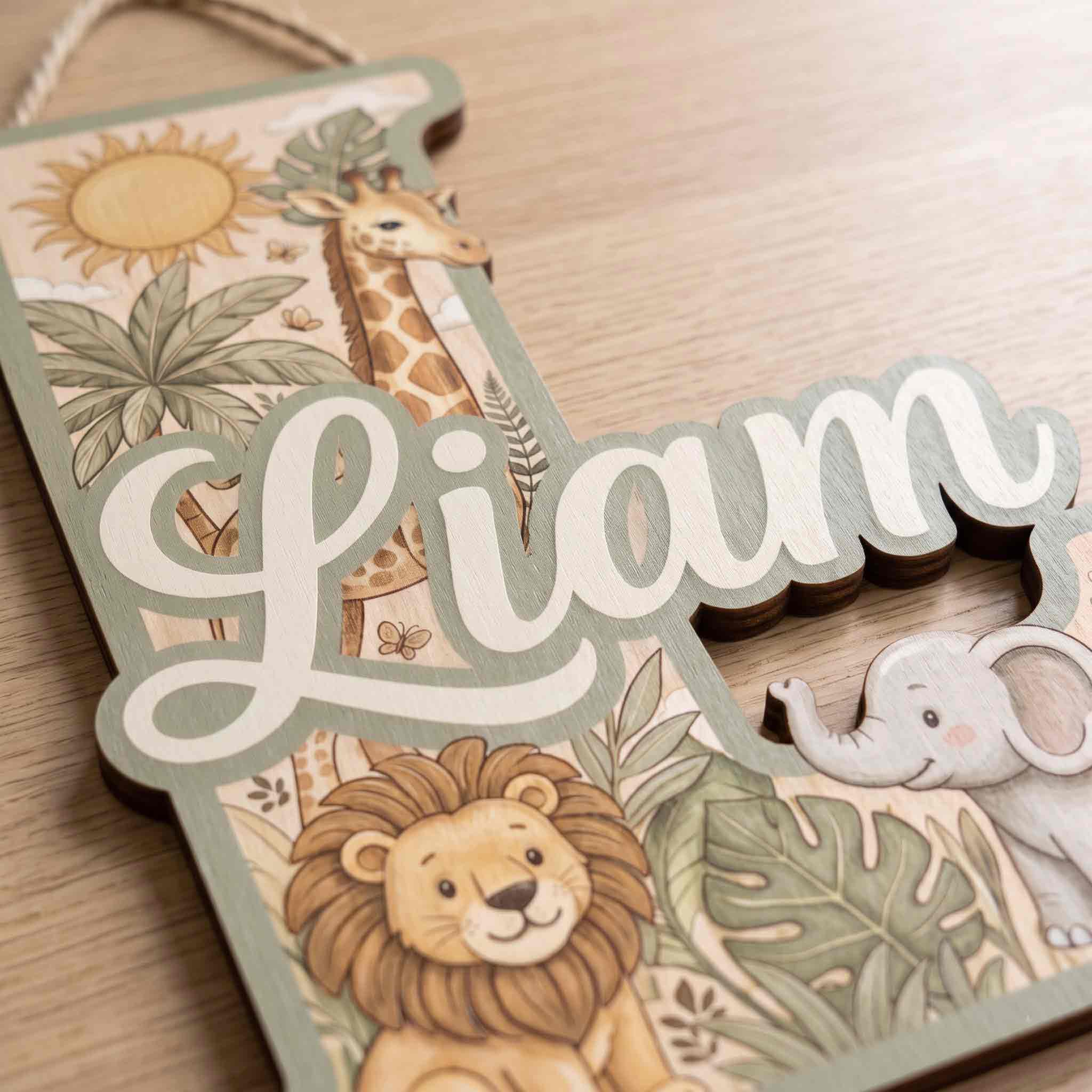 Personalized Safari Animals Nursery Name Sign Wooden Baby Room Decor