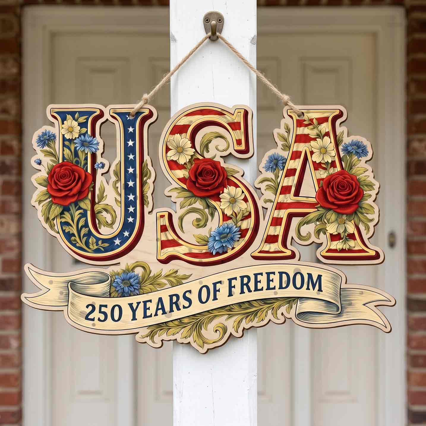 USA 250 Years of Freedom Vintage Patriotic Floral Decor Wooden Sign