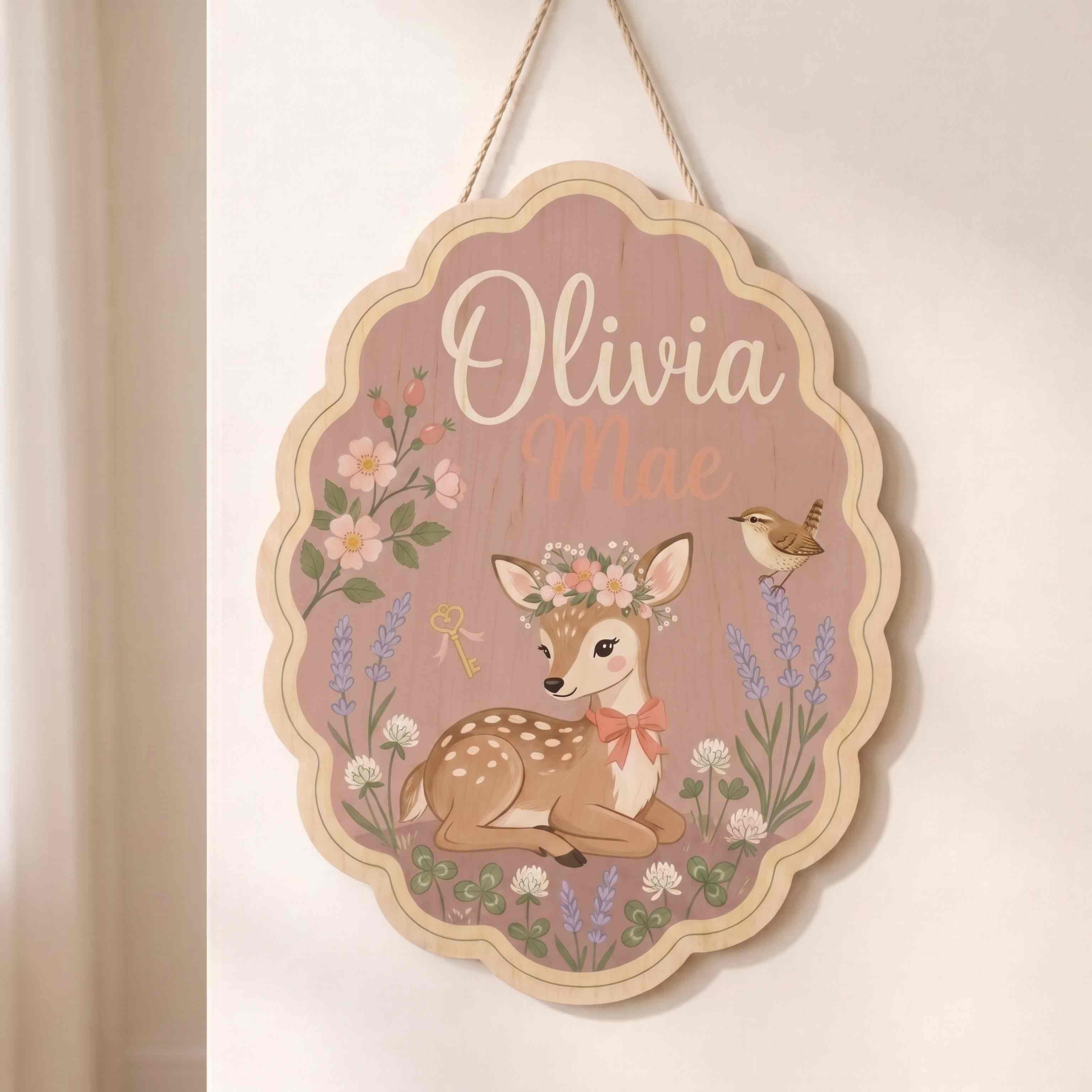 Personalized Cute Floral Deer Name Wooden Sign