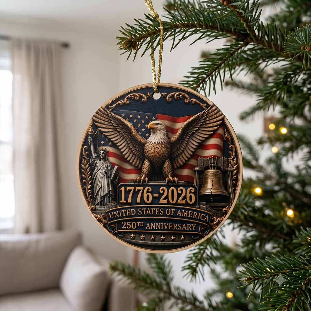 America's 250th Anniversary Bald Eagle Liberty Bell Patriotic Keepsake Personalized Patriotic 1-Layer Wooden Christmas Ornament for American Pride