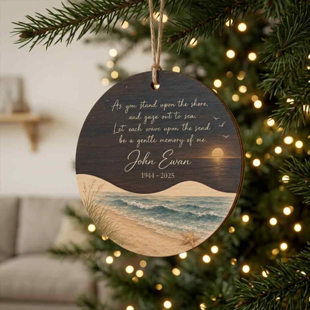 Memorial Beach Sunset In Loving Memory Gift Personalized Custom Name Date Memorial 1-Layer Wooden Christmas Ornament for Loss of Loved One