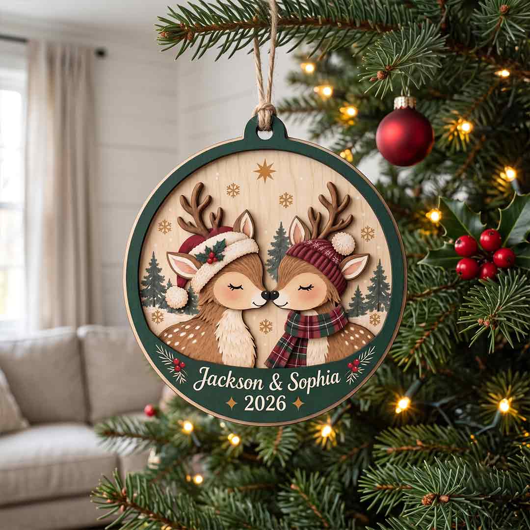 Reindeer Couple Christmas Personalized Custom Name Date Couple 2-Layer Wooden Christmas Ornament Christmas Gift for Couples