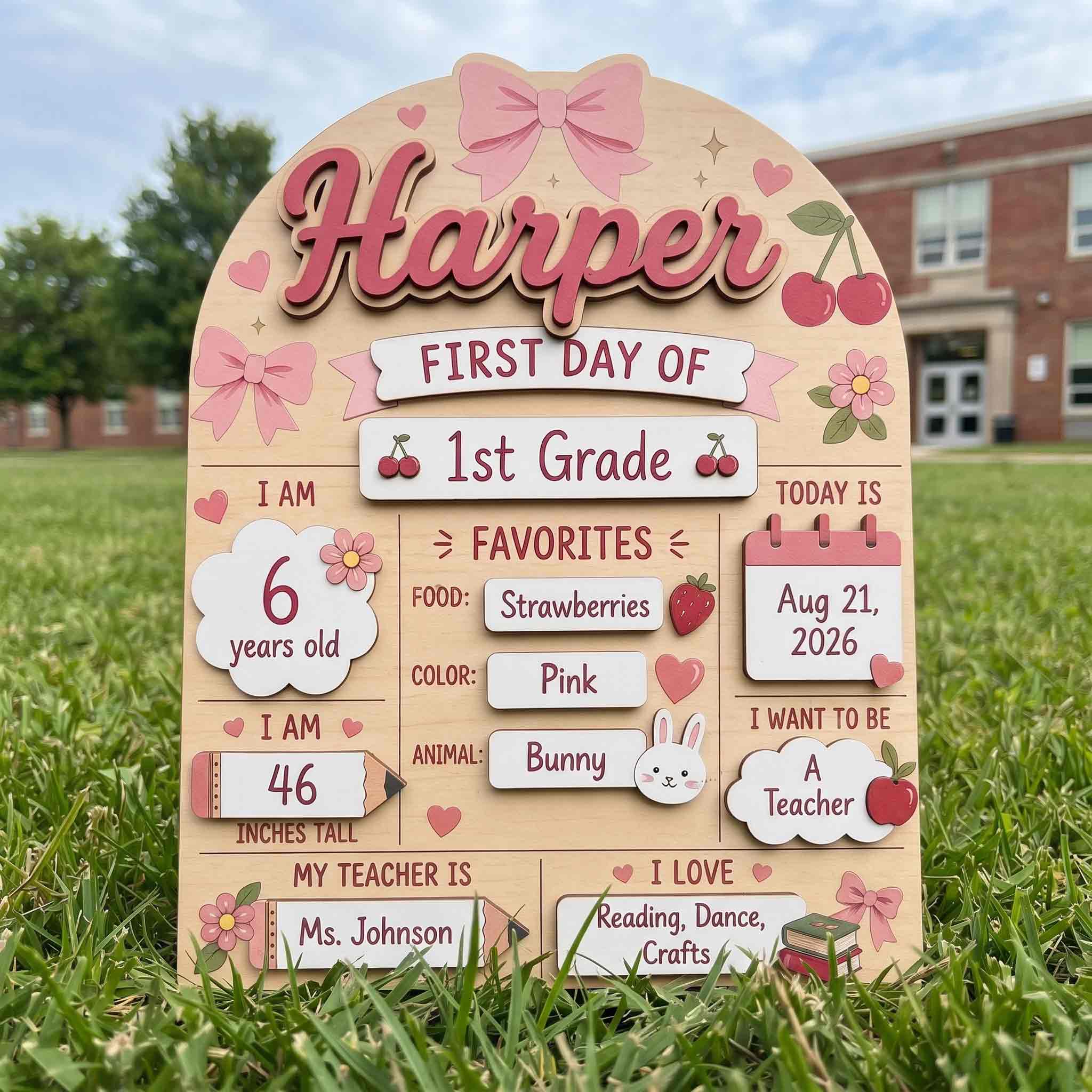 Personalized Pink Bow First Day School Board, Reusable Dry Erase Board, Back to School Sign