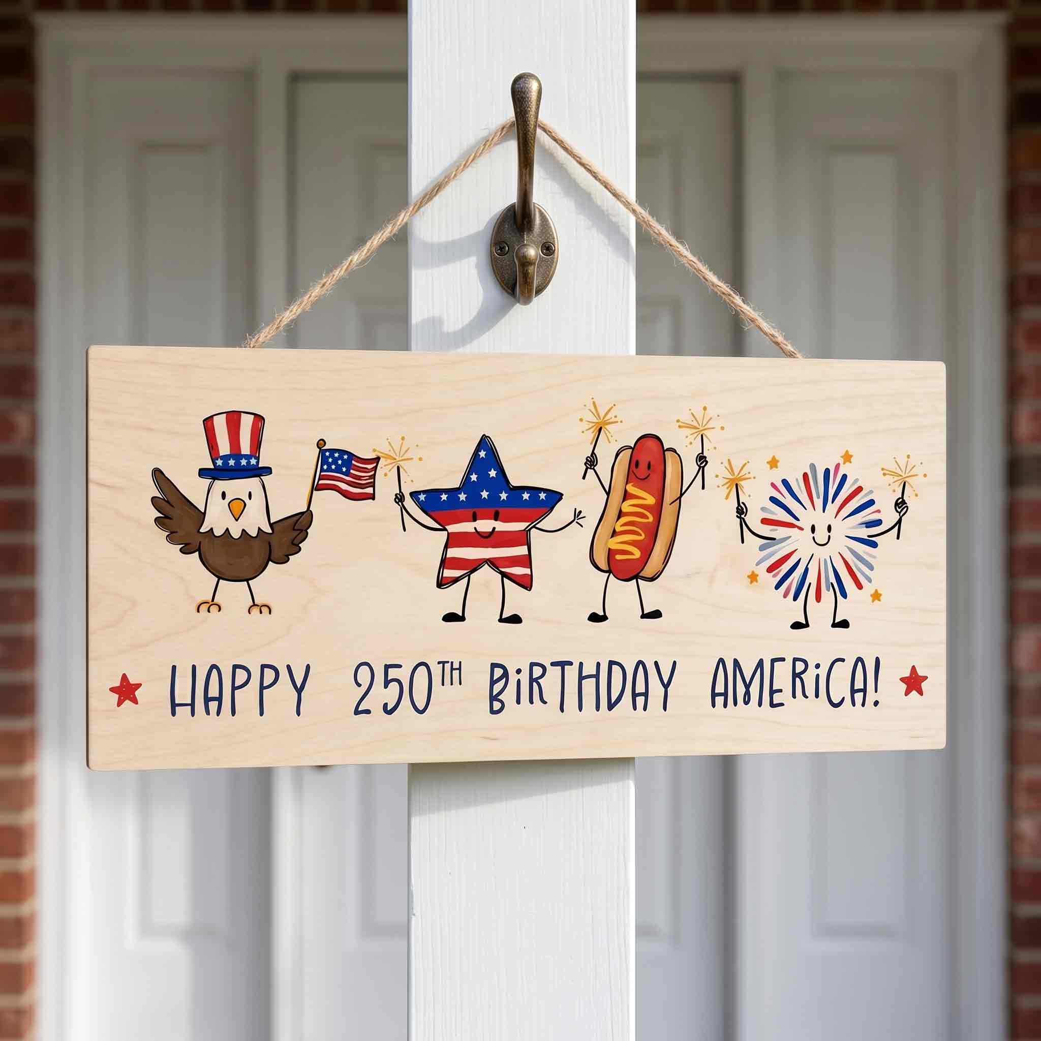 Happy 250th Birthday America Wooden Sign Patriotic USA 250 Celebration Front Porch Decor