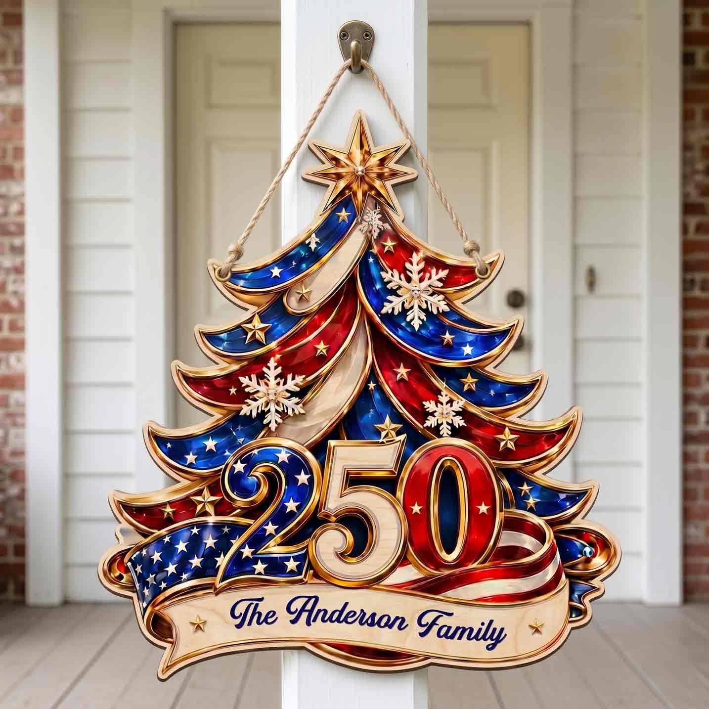 Personalized Family Name America 250th Anniversary Patriotic Christmas Tree Wooden Sign