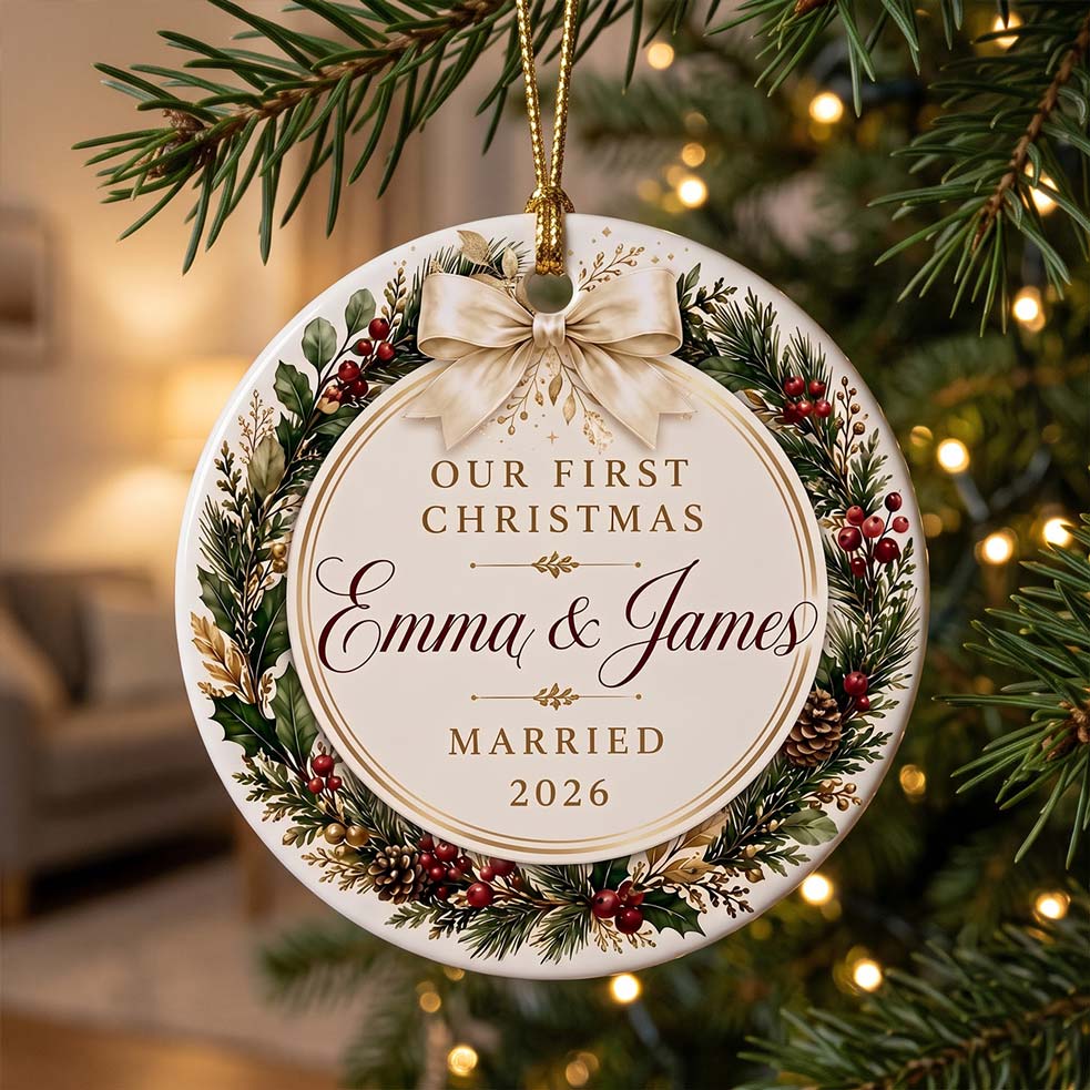 Our First Christmas Bow Wreath Custom Names Date First Married Christmas Round Ceramic Christmas Ornament