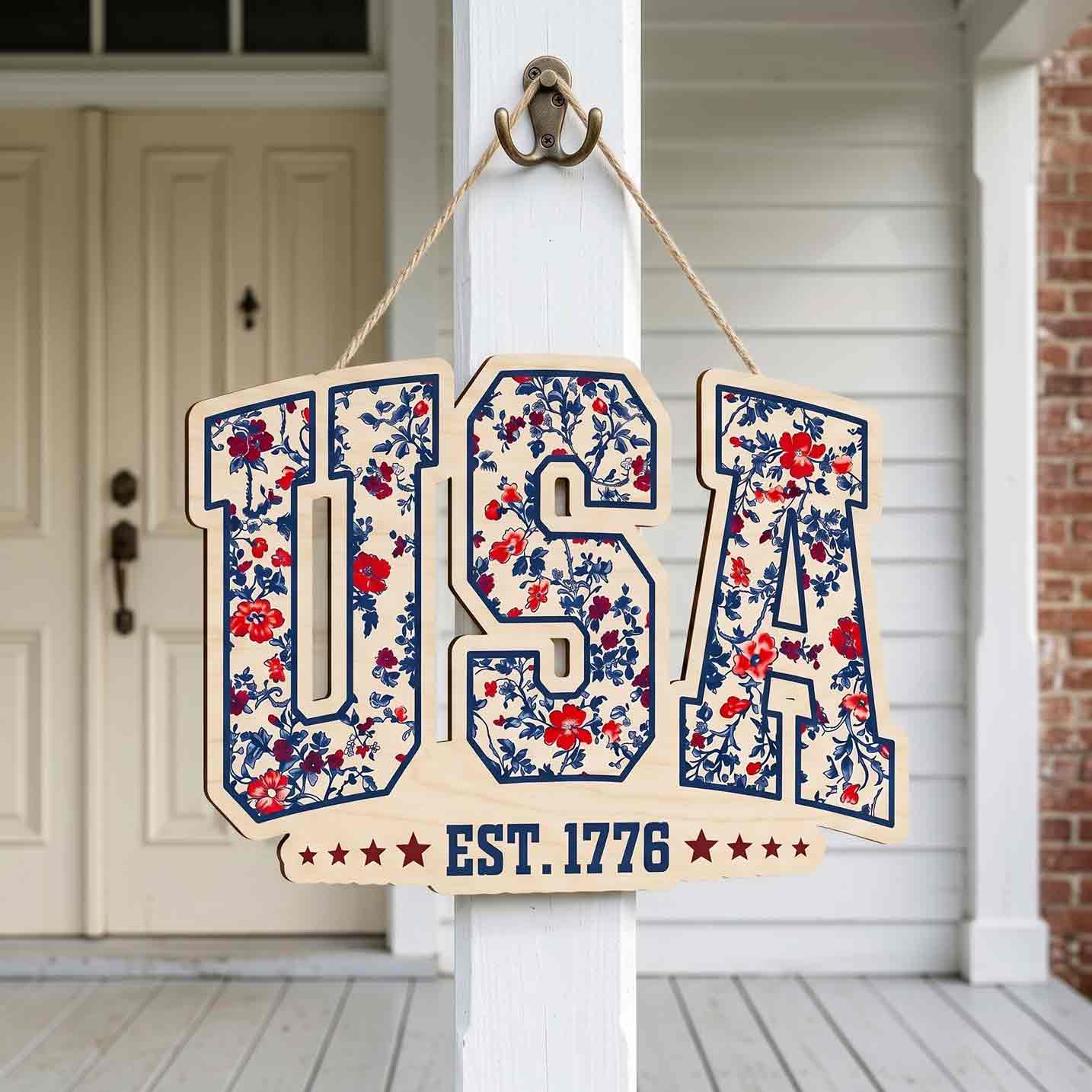 Floral USA Est 1776 Wooden Hanging Sign Patriotic Americana Decor