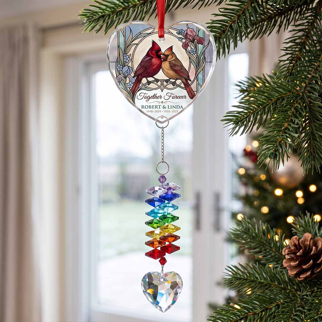 Together Forever Cardinal Love Personalized Couple Custom Name Date Memorial Keepsake Heart Glass Christmas Ornament With Crystal Charm