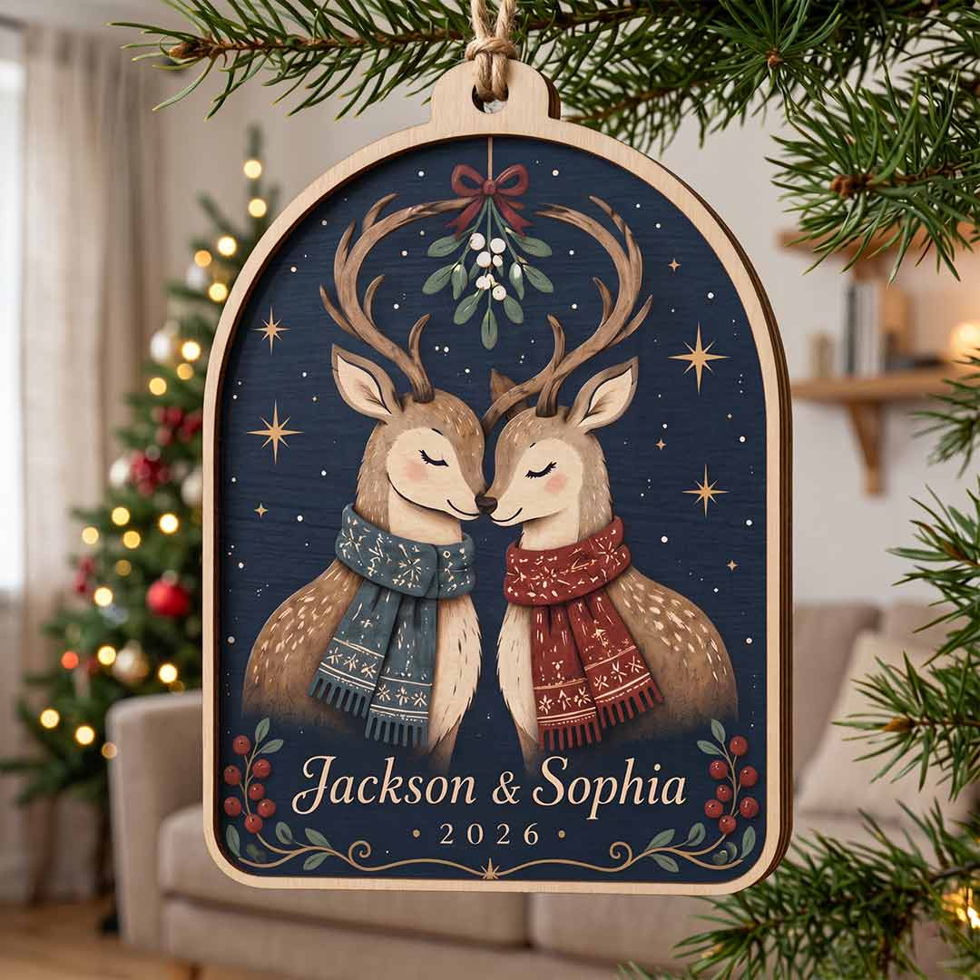 Mistletoe Reindeer Couple Christmas Personalized Custom Name Date Couple 2-Layer Wooden Christmas Ornament Romantic Christmas Gift for Couples