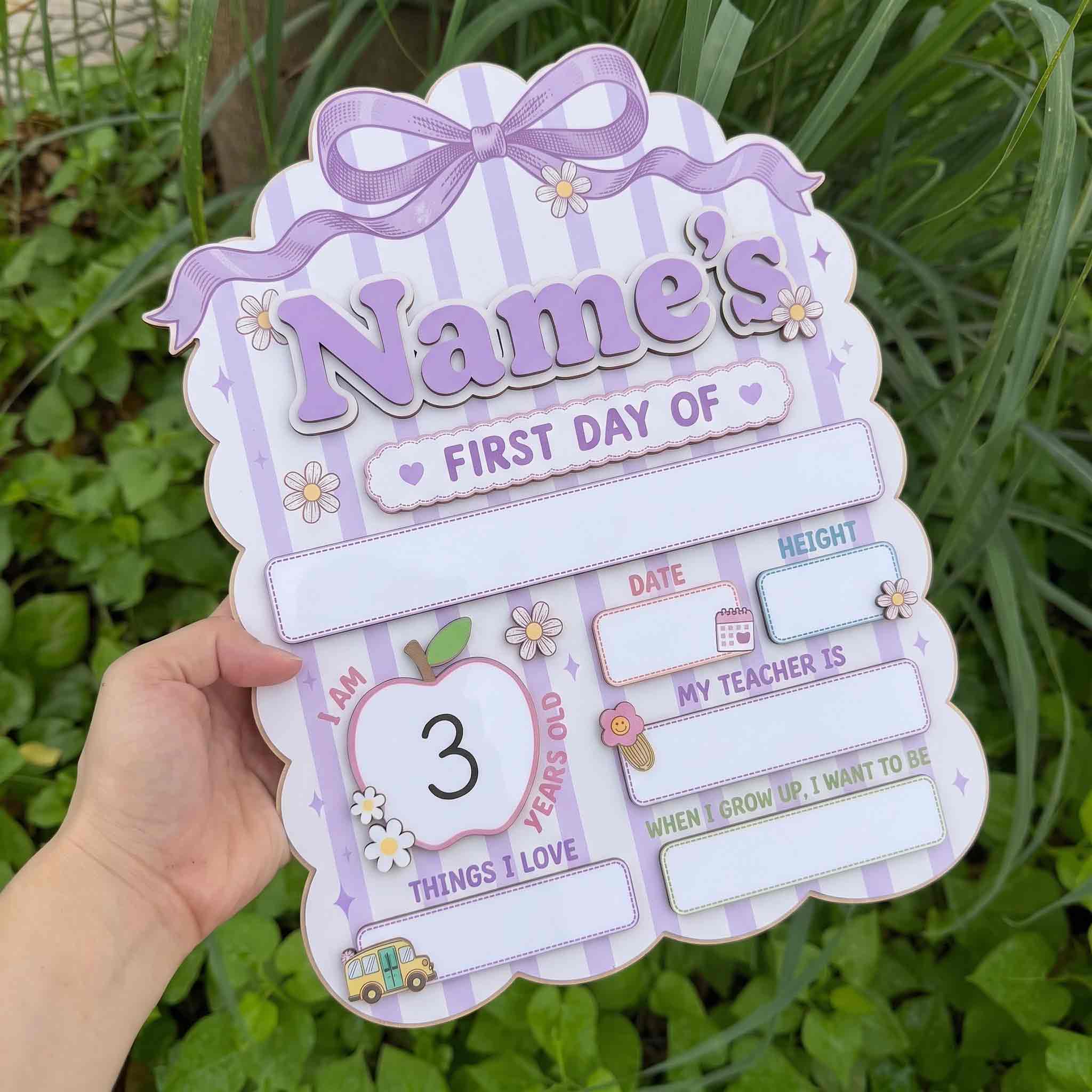 Personalized Lavender Stripes First & Last Day School Sign, Reusable Dry Erase Board, Back to School Sign