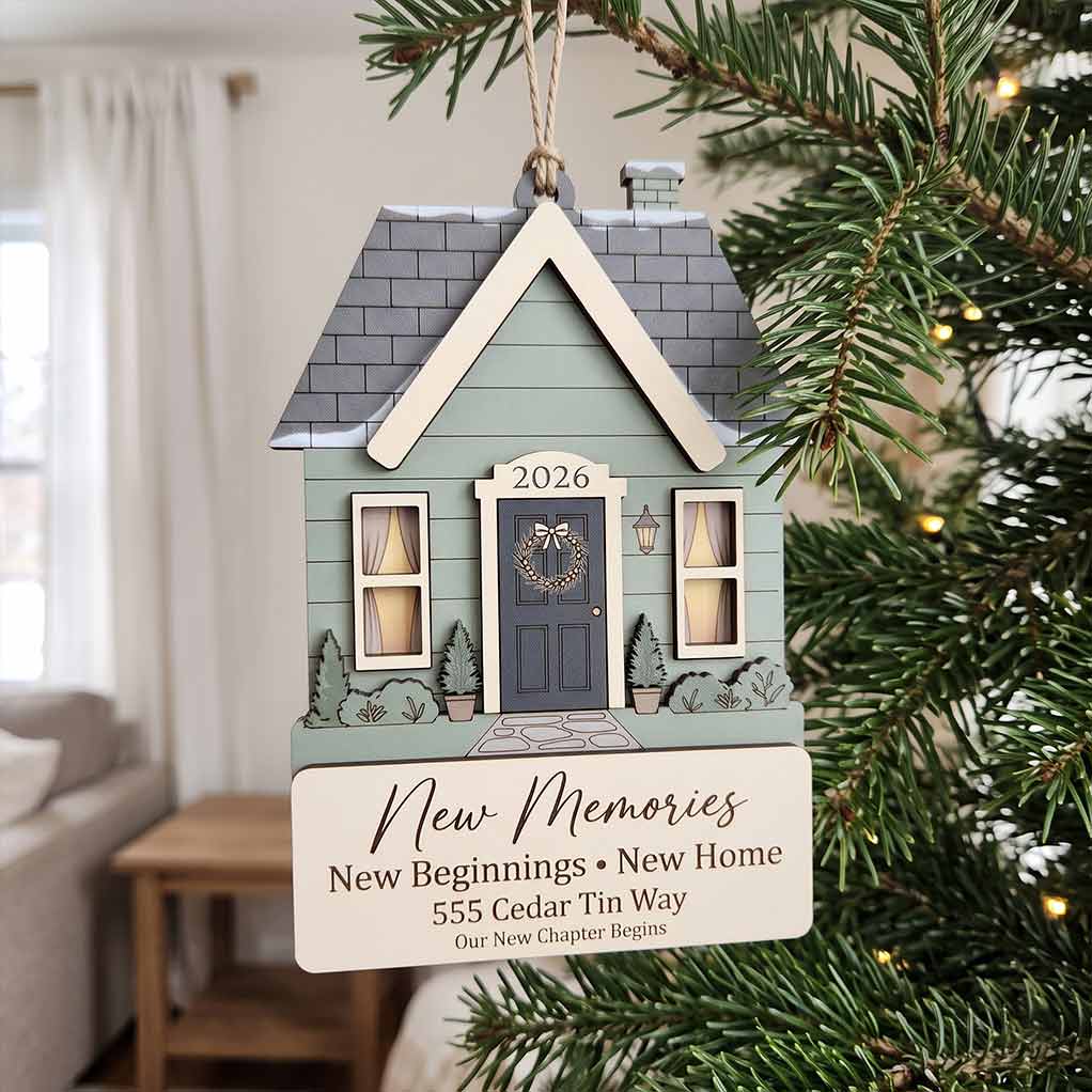 New Home House Wreath Personalized New Home Custom Address Wooden Christmas Ornament