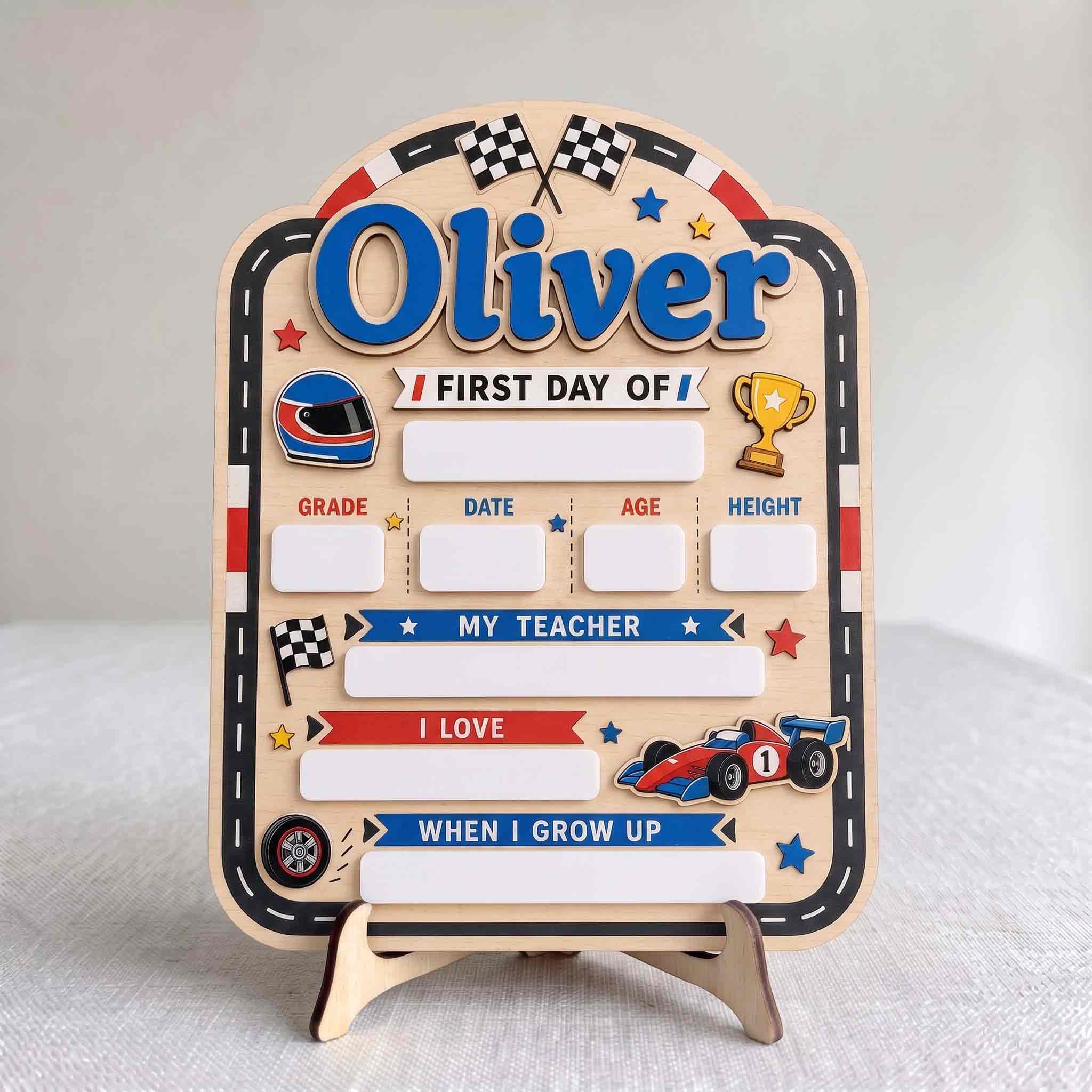 Personalized Race Track Adventure First & Last Day School Sign, Reusable Dry Erase Board, Back to School Sign