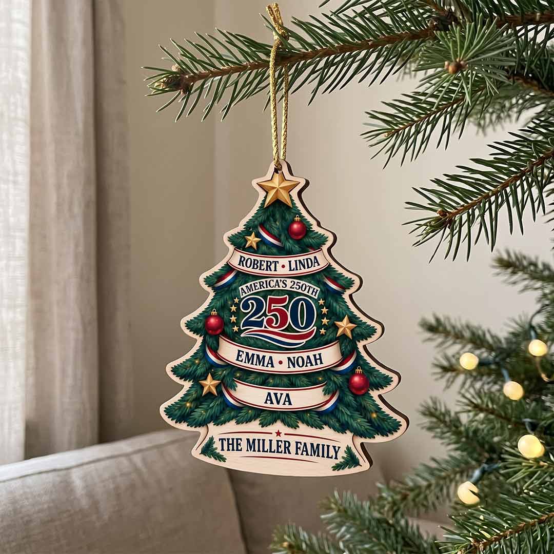 America's 250th Family Christmas Tree Holiday Gift Personalized Custom Name Family 1-Layer Wooden Christmas Ornament for Loved Ones