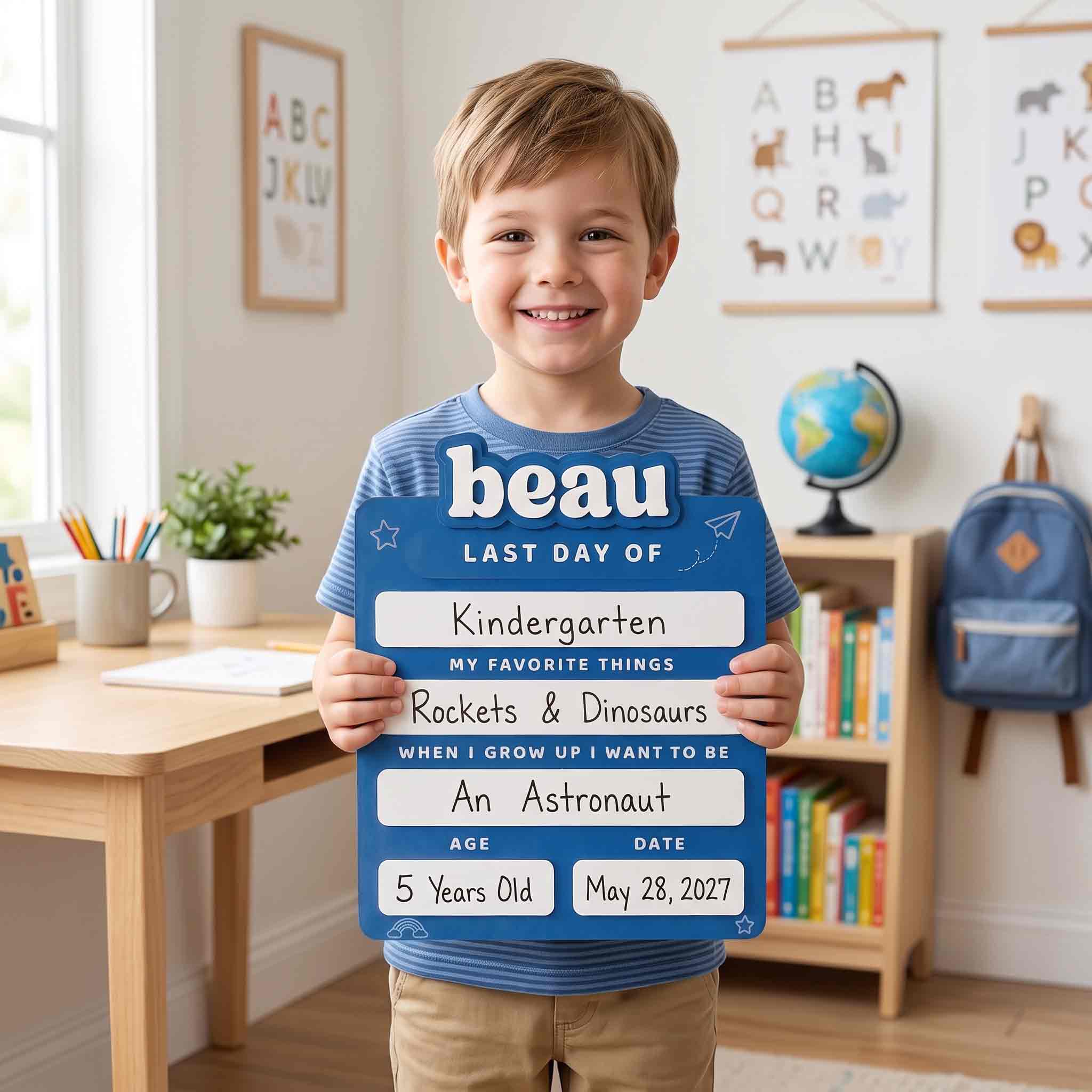 Personalized Blue Minimalist First & Last Day School Board, Reusable Dry Erase Board, Back to School Sign