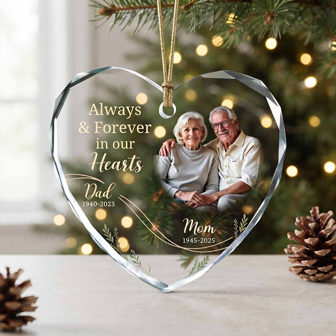 Always And Forever In Our Hearts Dad And Mooriam Tribute Personalized Meml Custom Name Date Photo Parents Sympathy Gift Heart Glass Christmas Ornament
