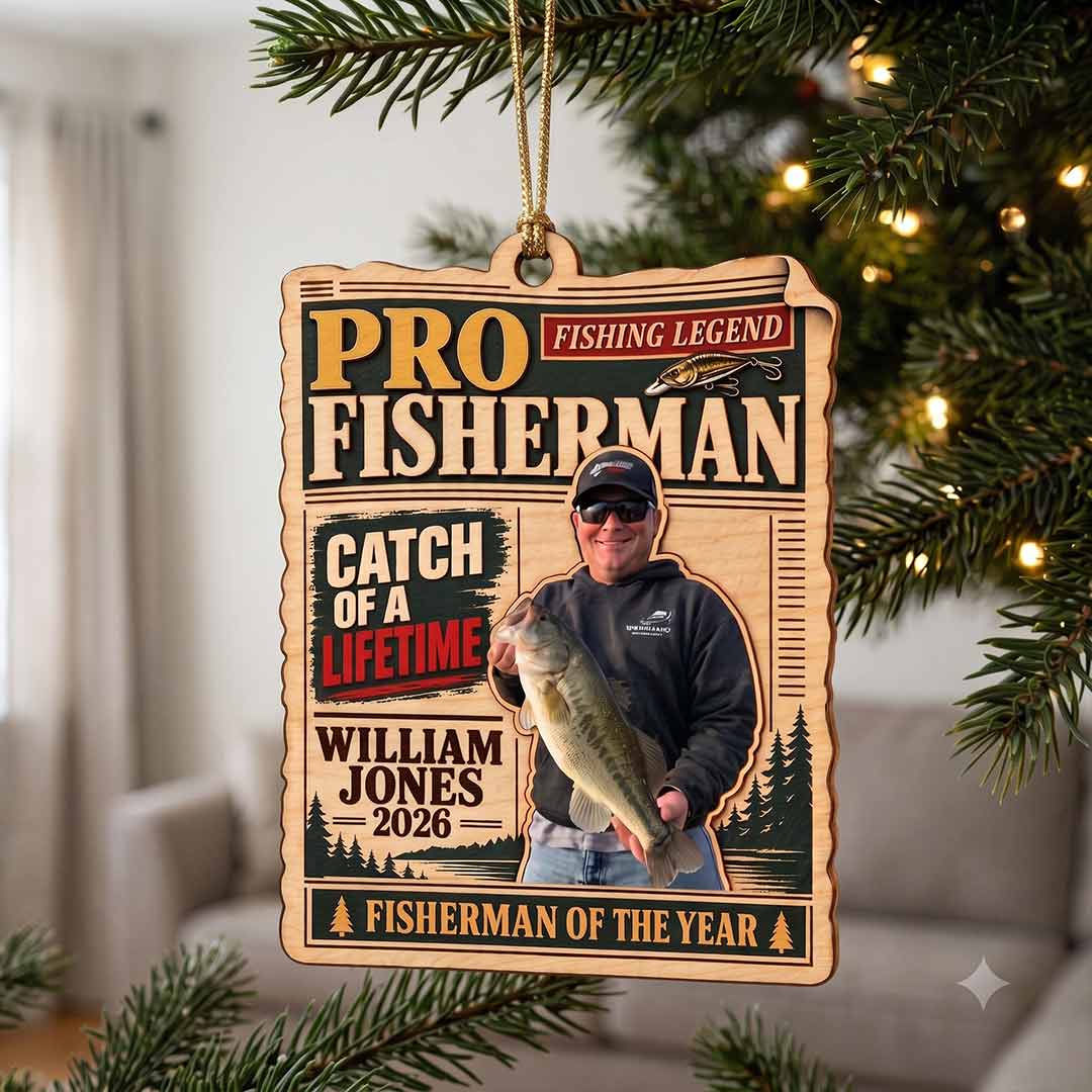 Fisherman Magazine Cover Fishing Keepsake Personalized Custom Name Date Photo Fishing 1-Layer Wooden Christmas Ornament for Dad Fishing Lovers Gift