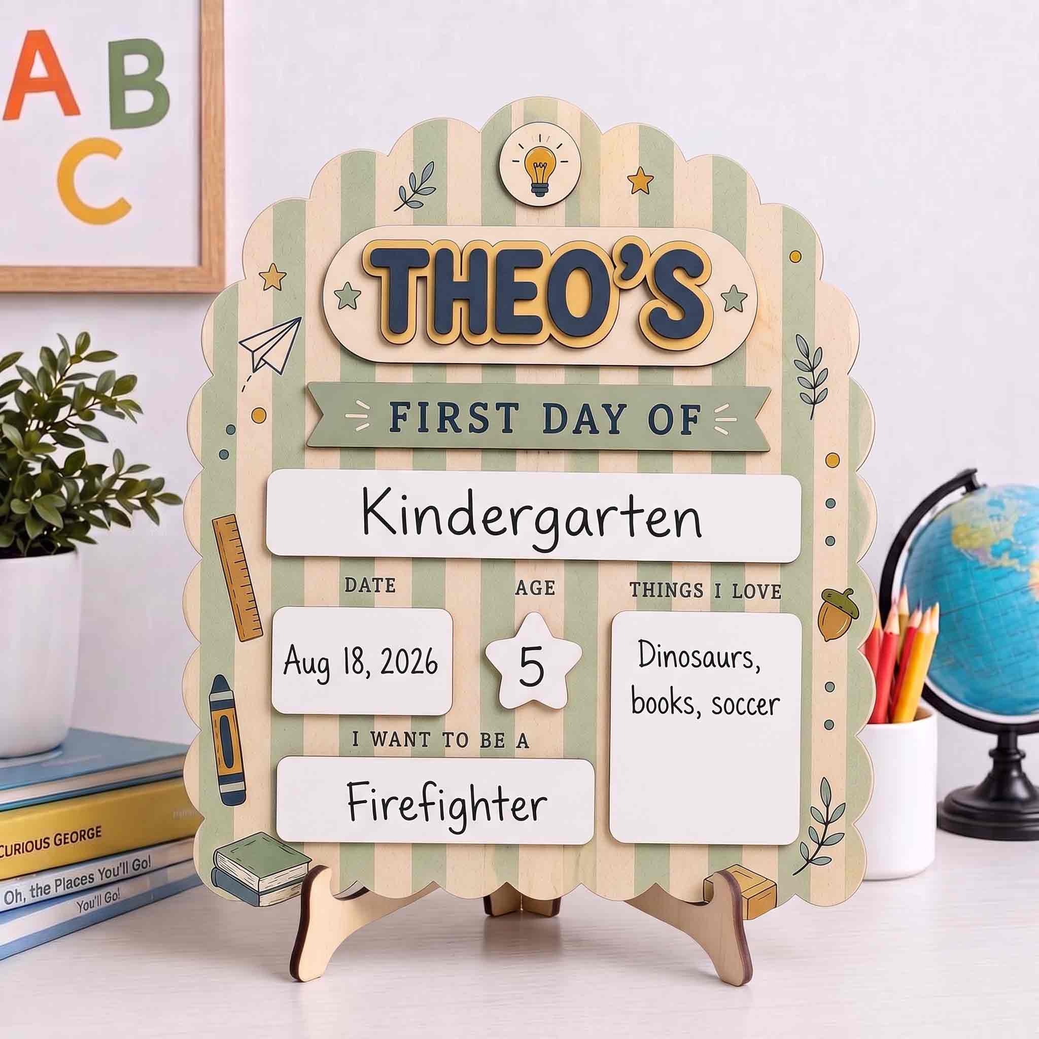 Personalized Sage Stripe First & Last Day School Sign, Reusable Dry Erase Board, Back to School Sign