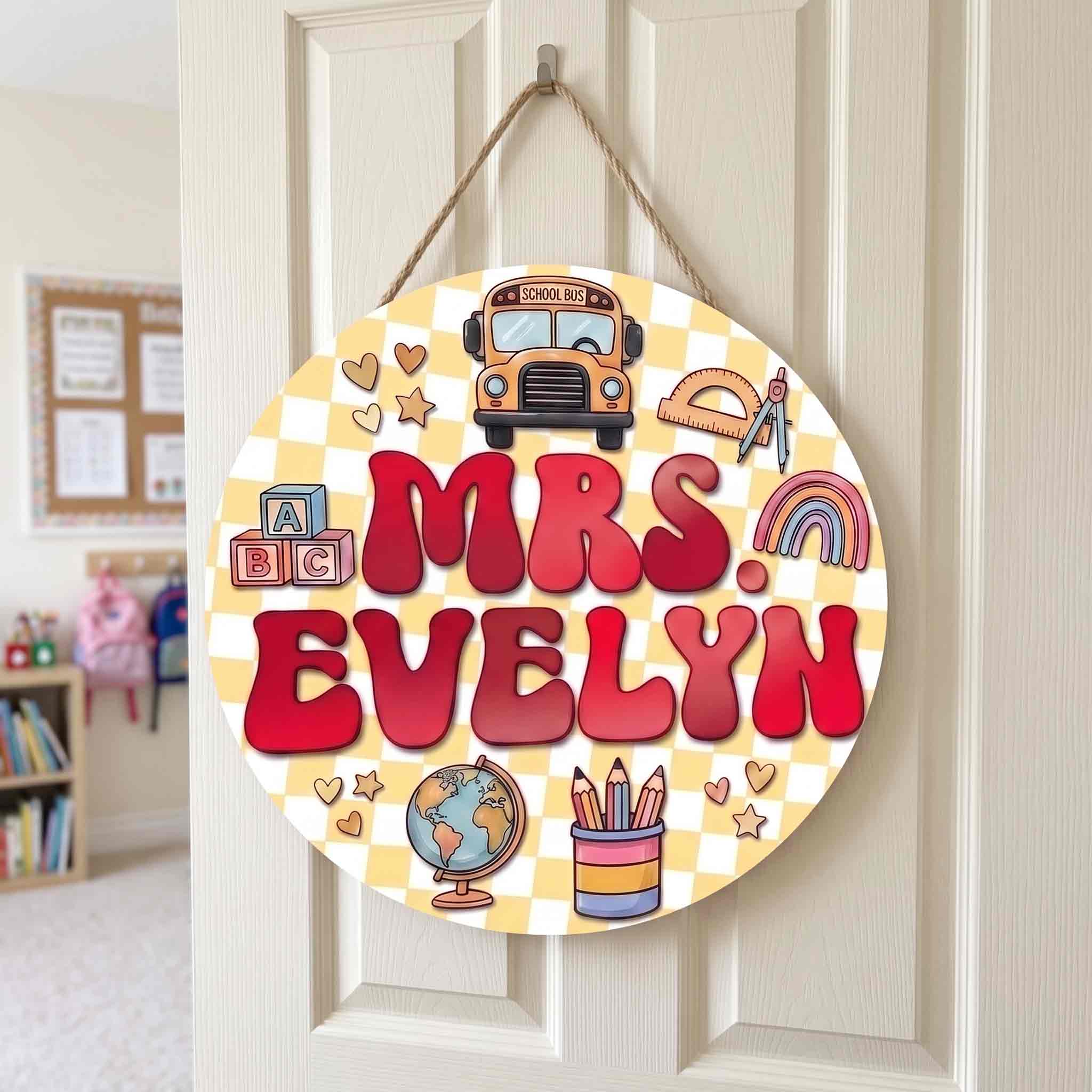 Custom Teacher Classroom Welcome Wooden Sign, Personalized School Bus Door Decor with Rainbow & School Supplies, Back to School Gift