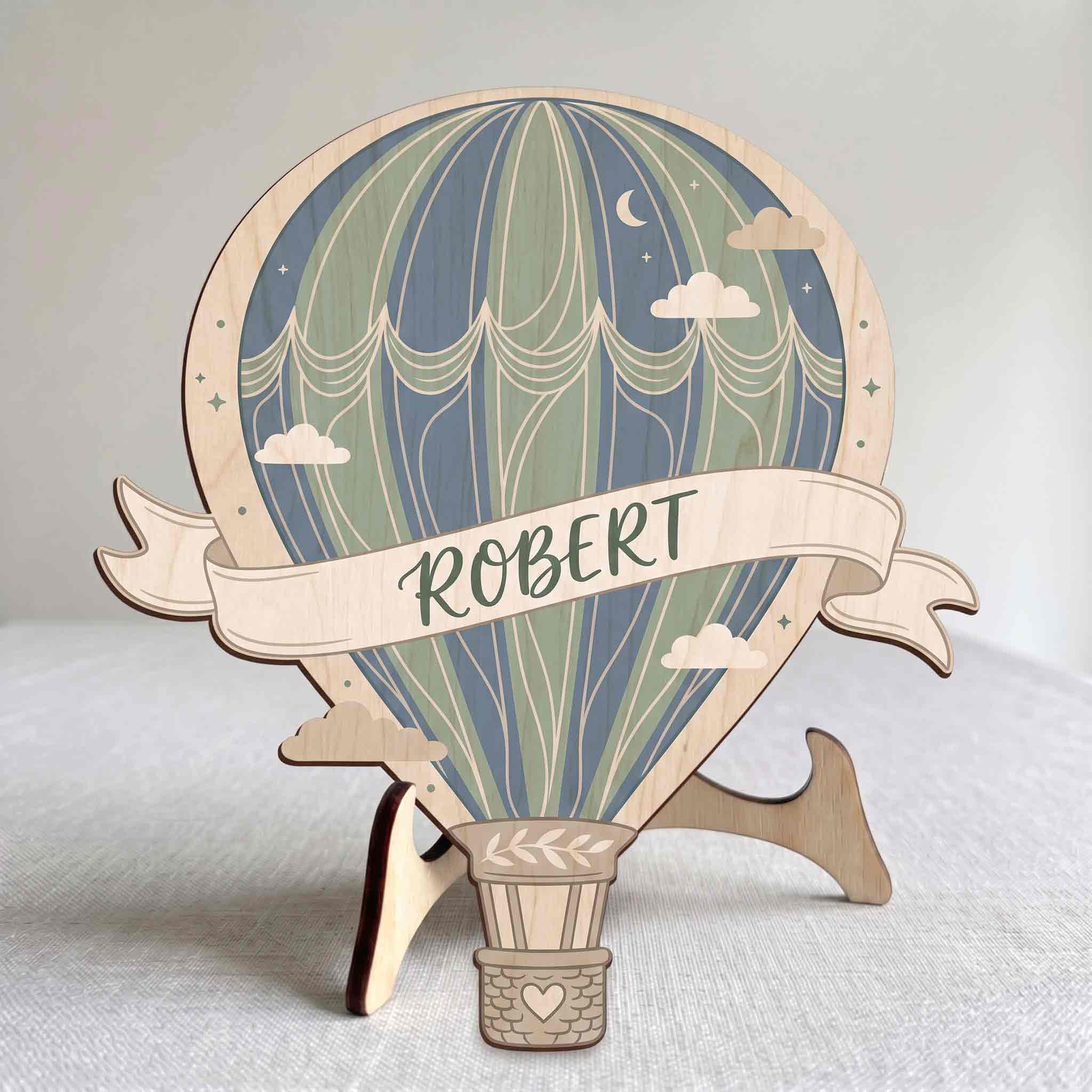 Personalized Retro Hot Air Balloon Nursery Name Sign Wooden Baby Room Decor