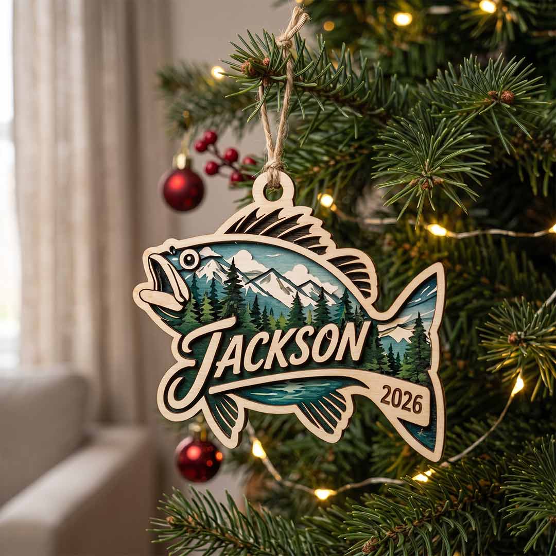 Mountain Bass Fishing Personalized Custom Name Date Fishing 2-Layer Wooden Christmas Ornament Christmas Gift for Anglers