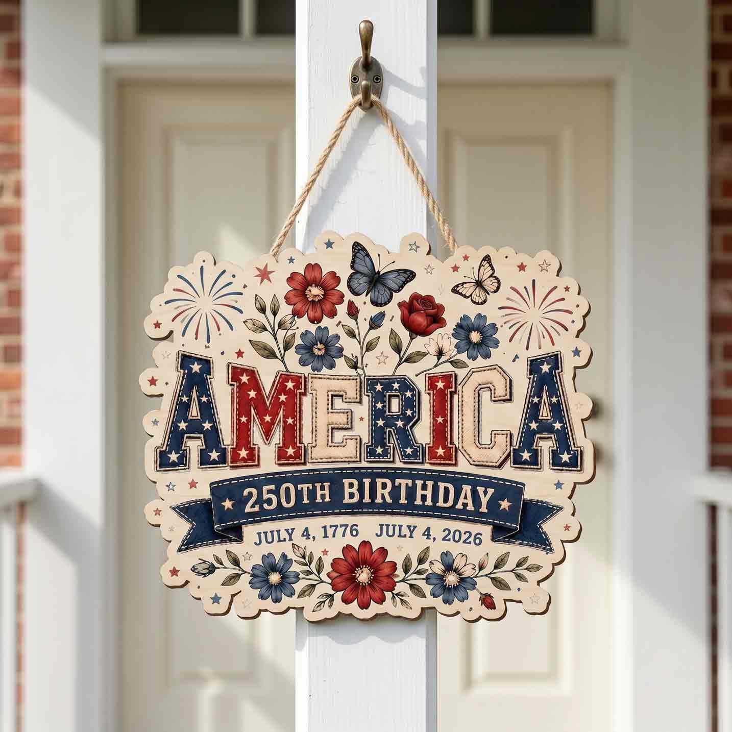 Patriotic Floral America 250th Birthday July 4 1776-2026 Wooden Sign