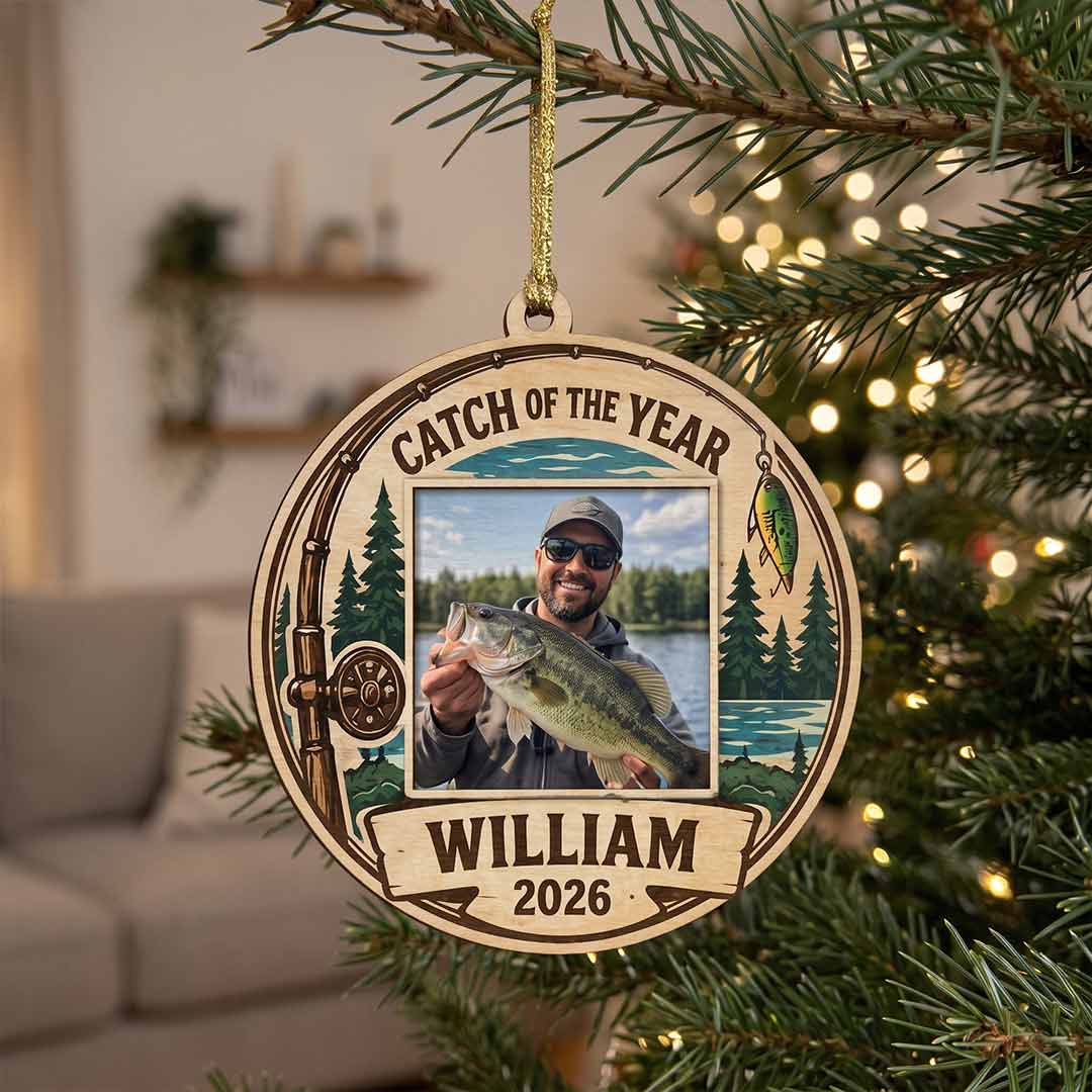 Catch of the Year Fishing Rod Fisherman Keepsake Personalized Custom Name Photo Fishing 1-Layer Wooden Christmas Ornament for Fishing Lovers Gift