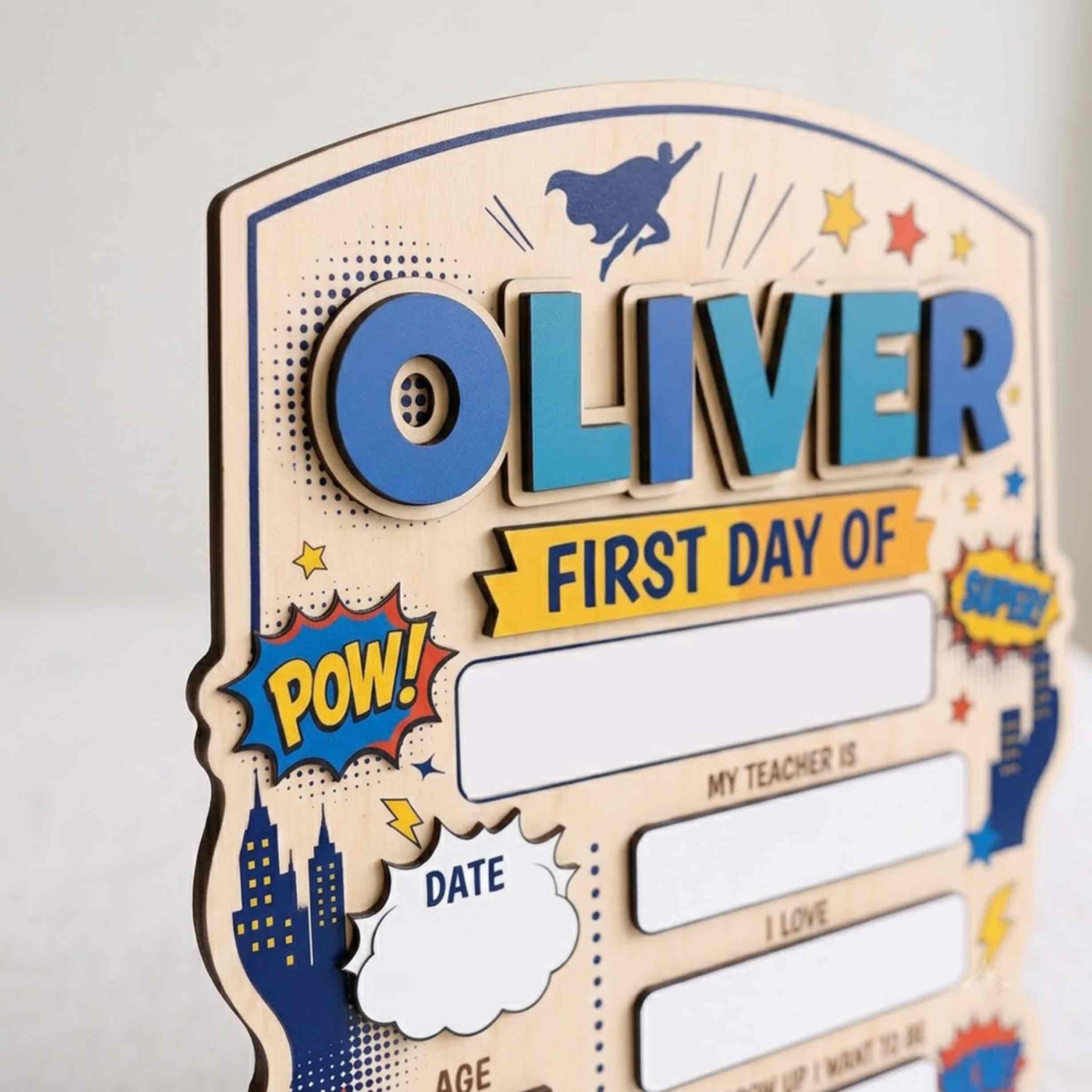 Personalized Superhero City Theme First & Last Day School Sign, Reusable Dry Erase Board, Back to School Sign