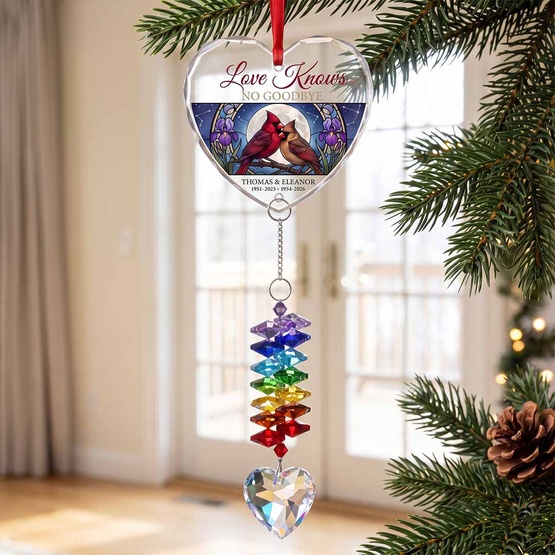 Love Knows No Goodbye Floral Cardinal Personalized Memorial Custom Name Date Loved One Sympathy Keepsake Heart Glass Christmas Ornament With Crystal Charm